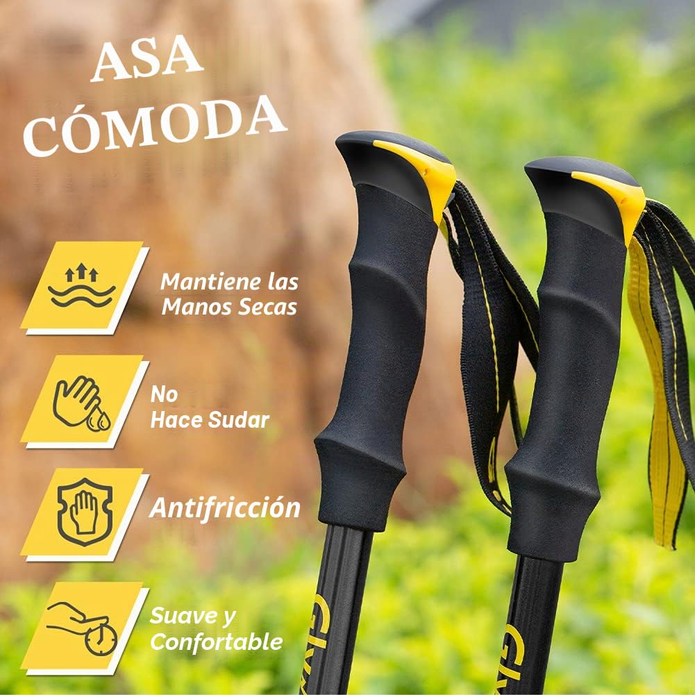 Glymnis Bastones de trekking plegables y antigolpes, 110-130 cm, 5 secciones de aluminio 7075, mango de EVA, punta de carburo de tungsteno para senderismo, 1 par