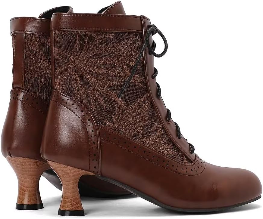 Women Victorian Ankle Boots Witch Mid Calf Lace Up Boot Cosplay Costume Pirate Vintage Granny Booties Renaissance Round Toe Kitten Heel Boots