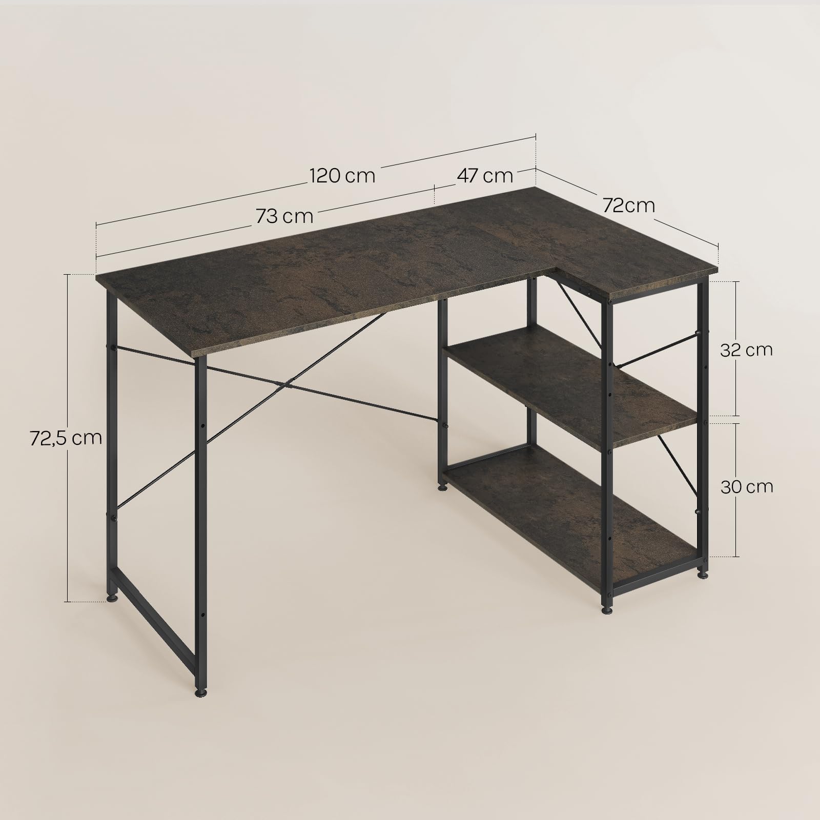 WOLTU Eckschreibtisch120x75 cm, L-förmiger Schreibtisch mit 2 Ablagen, Bürotisch Computertisch PC Tisch, Ecktisch Groß für Büro Homeoffice Gaming, Industrie-DesignSchwarz+Rostfarbe