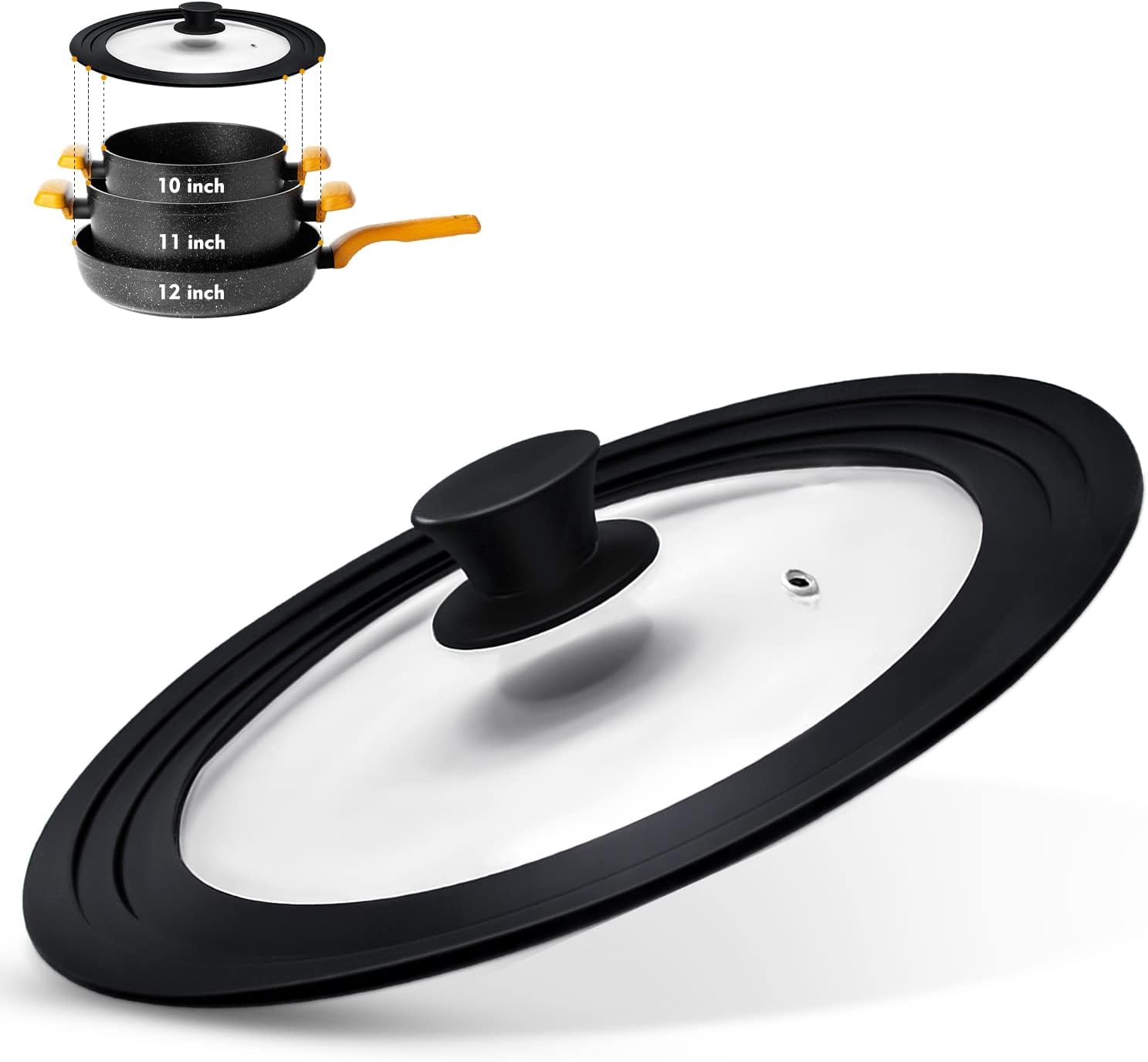 Ydeapi Universal Lid for Pots, Pans and Skillets, Pot Lid With Heat Resistant Silicone Rim and Tempered Glass,Fits 10", 11", 12" Diameter Pots and Pans