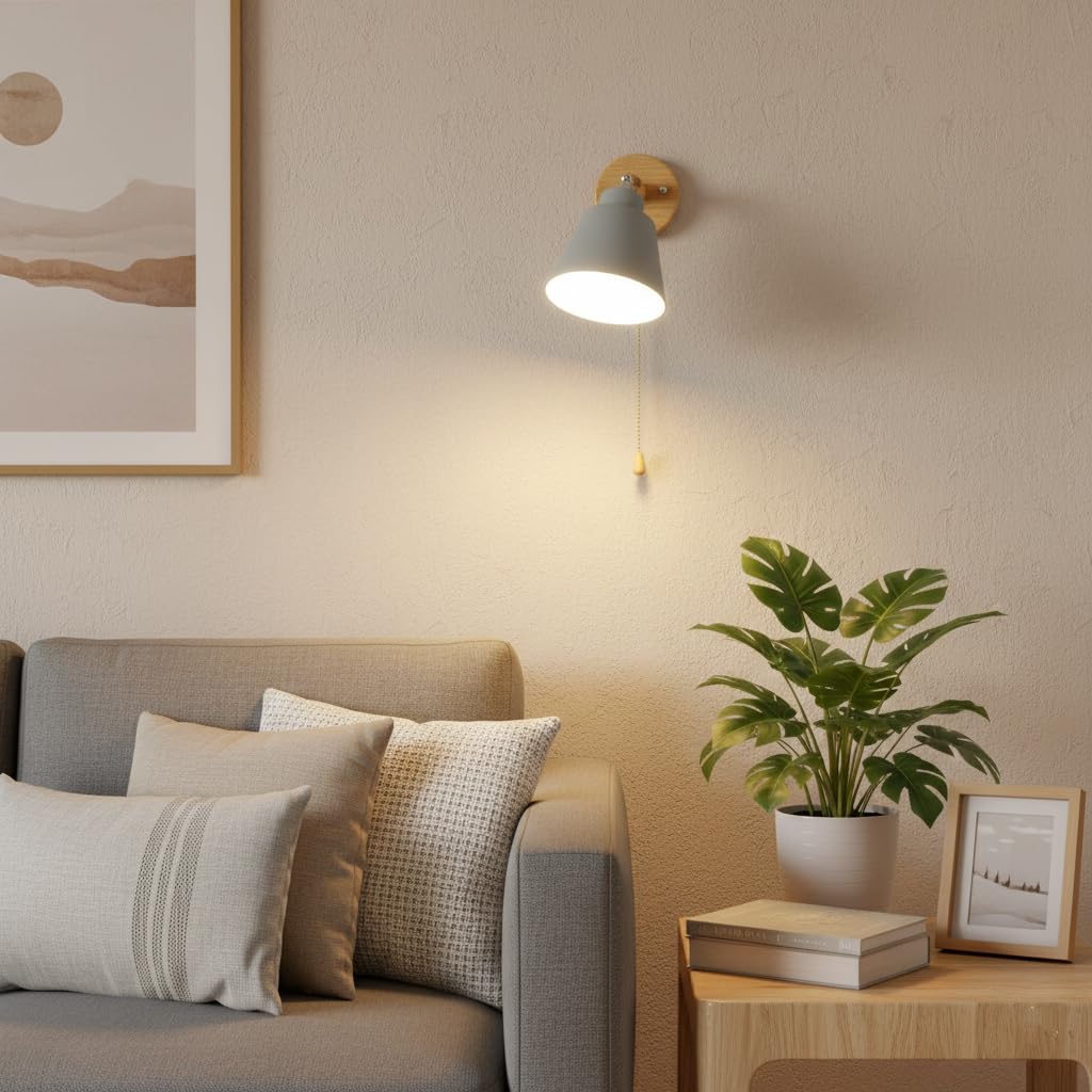 Lampada Da Parete Con Interruttore A Fune Rotazione Libera Di 350° Lampada Da Comodino Macaron Vintage Moderna E27 Lampada Da Parete In Legno Adatto Per Soggiorno E Camera Da Letto（Cenere）