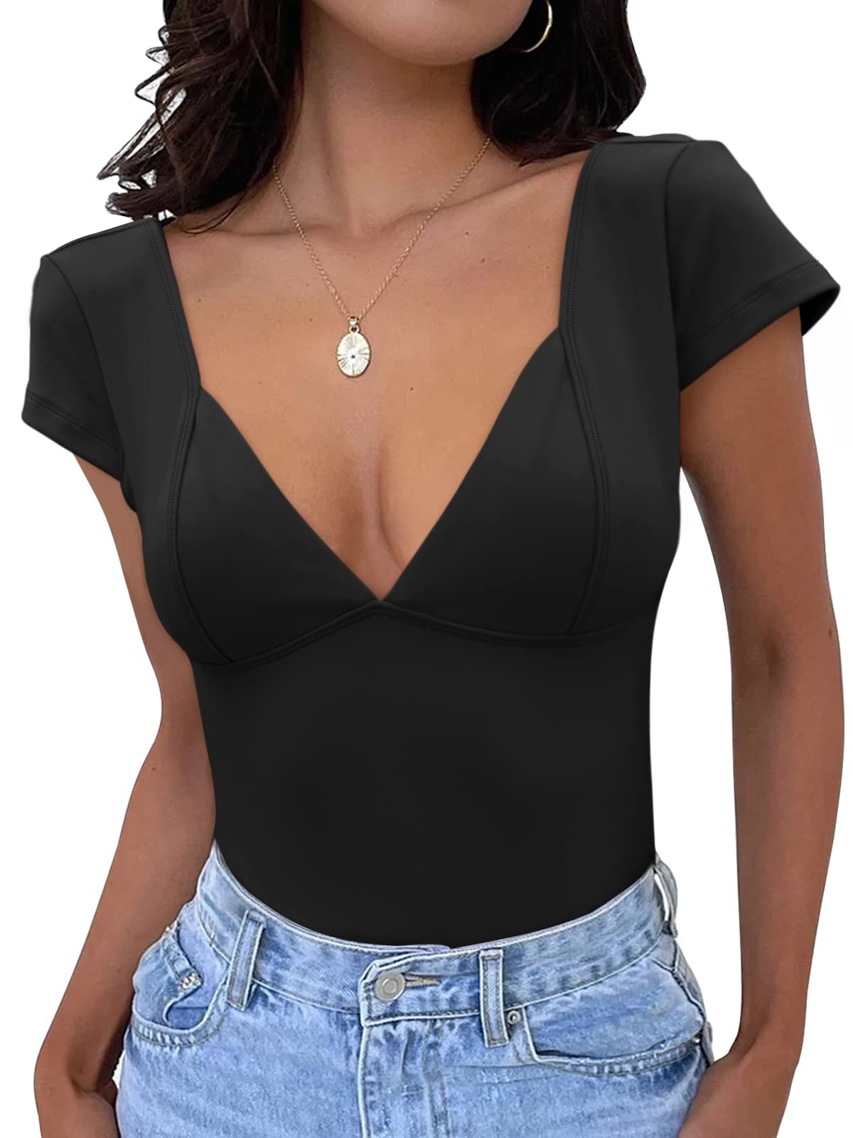 Trendy Queen Women's Going Out Tops Sexy Backless Tops Bustier Corset Cami Deep V Neck Slim Fit T-Shirts Y2K Crop Tops Summer Fashion 2023 Black