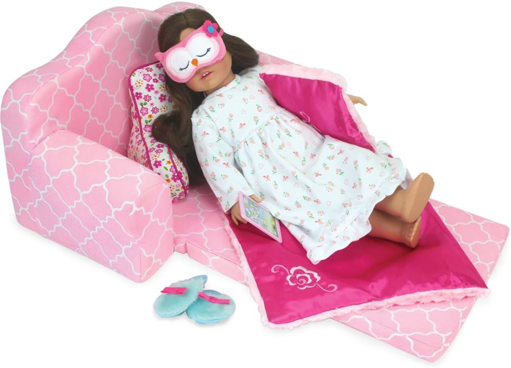 Sophia's 2-in-1 Plush Lightweight Moroccan Print Pull-Out Sofa Couch Converts to a Bed, Fits Two 18 Inch Dolls, Light Pink