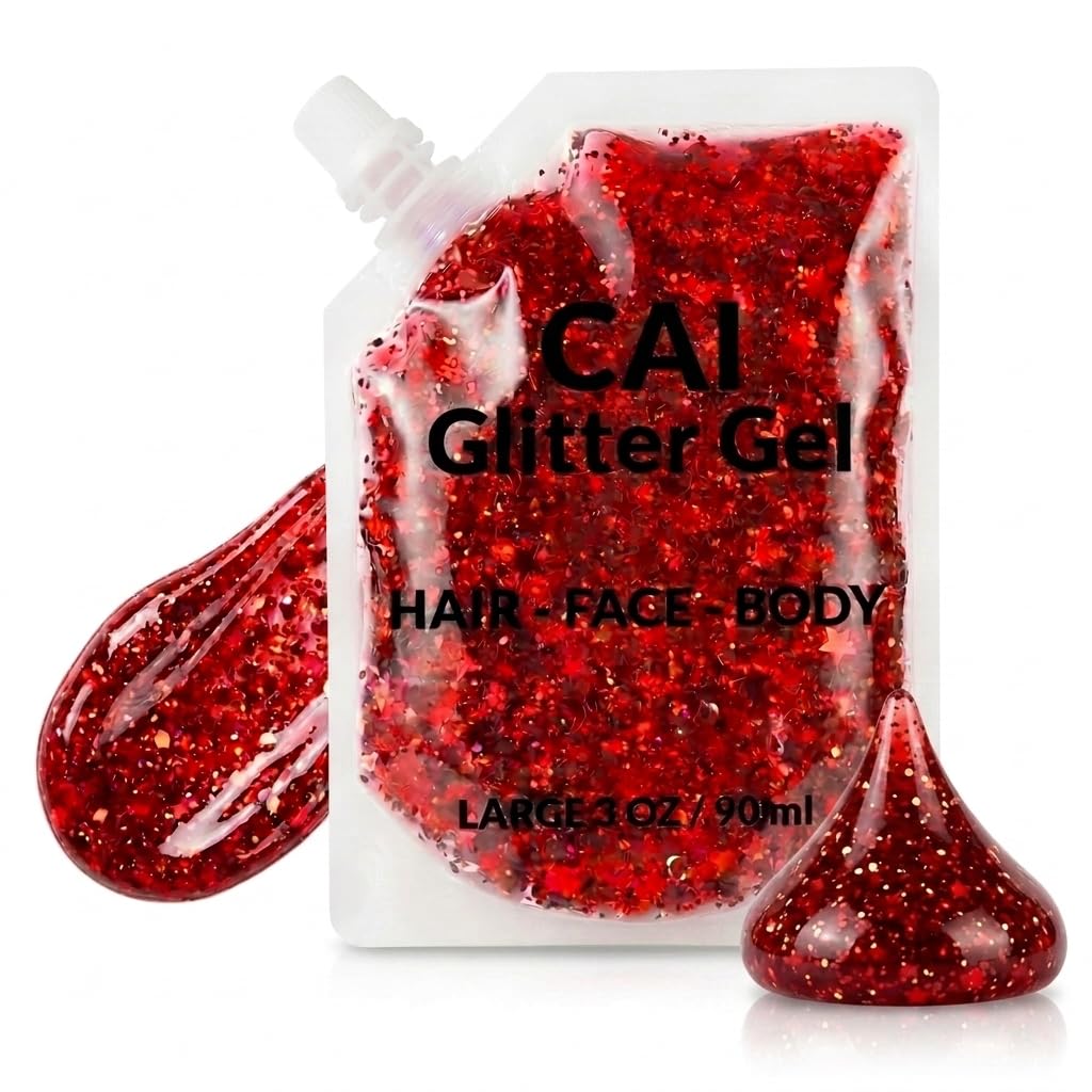 Body Glitter Gel- Face, Body & Hair (1 Pk Red) Chunky Iridescent Holograph Stars & Moon, 3 oz | Cosmetic-Grade Makeup, Apply Without Glue, Easy to Take Off & Keep Skin Clean - for Concerts, Raves