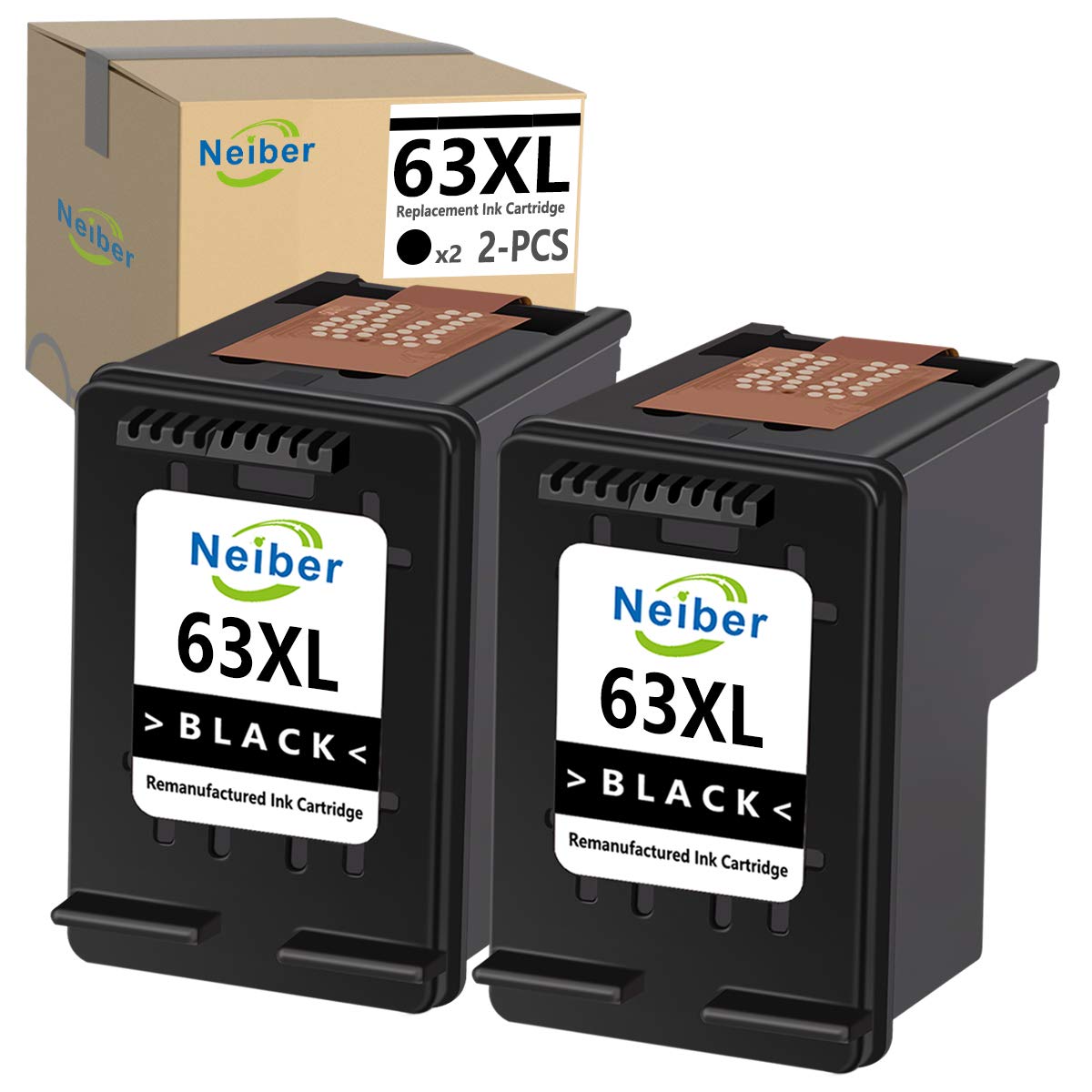 Neiber Remanufactured Ink Cartridge Replacement for HP 63XL 63 XL (2 Black) Fit with Envy 4520 3634 4516 OfficeJet 5258 3830 4655 5252 4650 4652 5255 DeskJet 1111 3637 3632 3636 1112 3630 Printer Tray