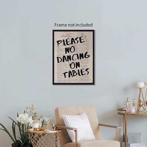Miniatura 4 de ZERFVTG Arte de pared de periódico retro, divertido póster en blanco y negro con texto en inglés "Please No Dancing on Tables", impresiones en