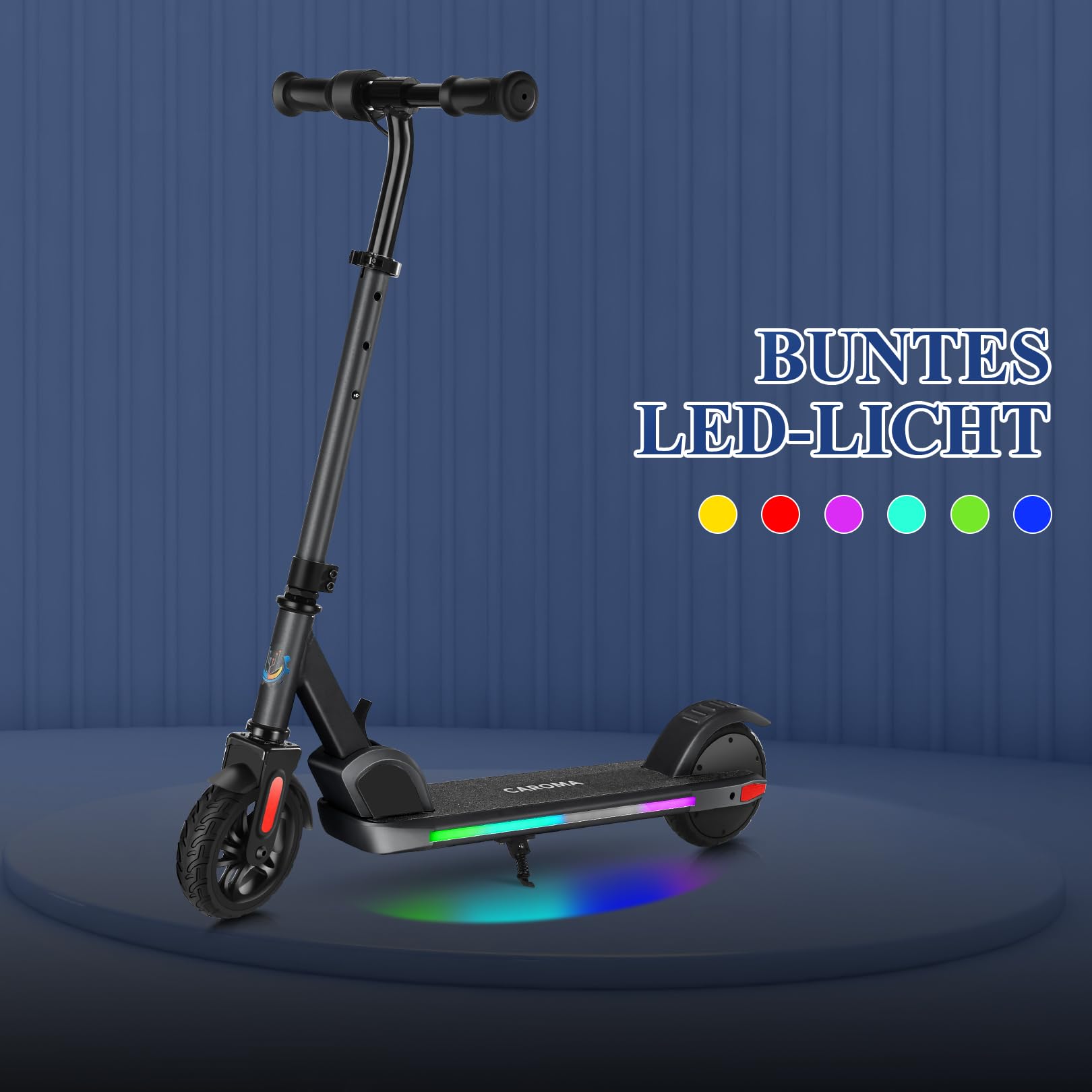 Caroma E Scooter für Kinder Alter 6-14, 150W/180W Motor, 16 km/h, 80 mins Fahrzeit, einstellbare Geschwindigkeit und Höhe, Bunte Lichter, LED-Anzeige, Faltbarer Kinder Elektroroller