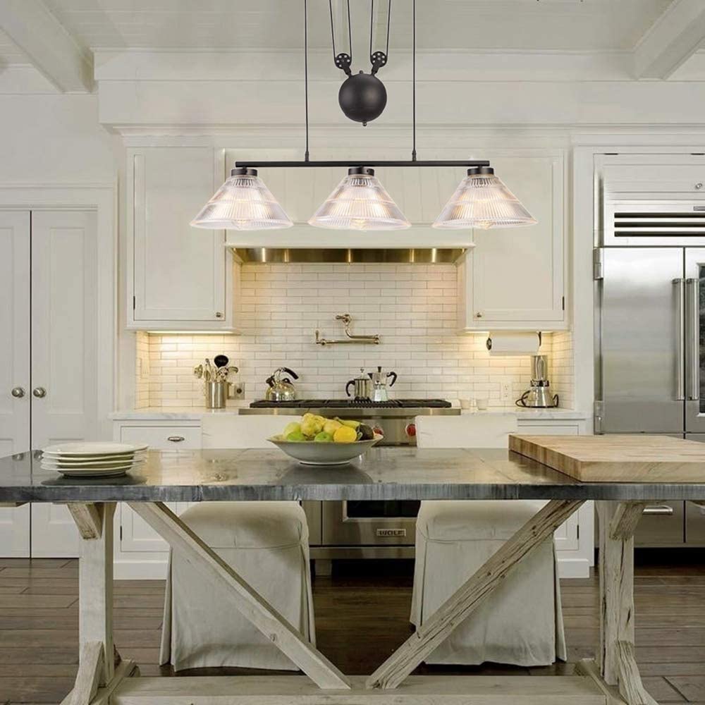 KWOKING Industrial Pulley Light, 3 Lights Pendant Light With Pleated Frosted Glass Shade, Adjustable Hanging Lamp For Living Room,Dining Room,Farmhouse
