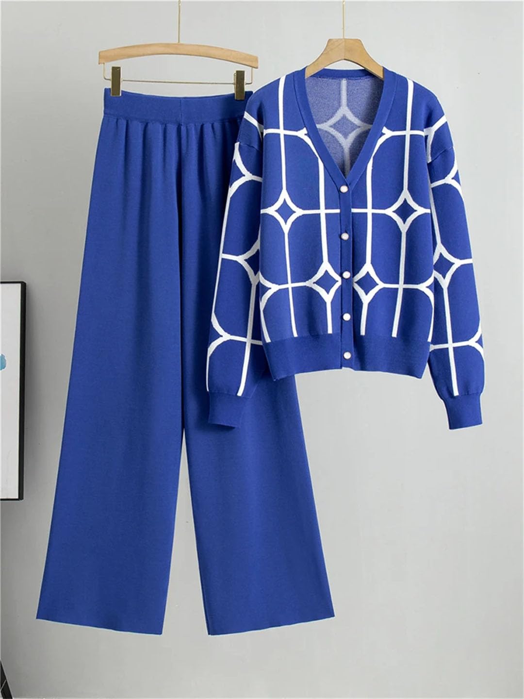 Set maglione da donna con scollo a V e stampa a maniche lunghe cardigan cappotti abiti a vita alta pantaloni a gamba larga