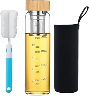 HENGFEI Glass Water Bottle 1L with Time and Measurement Markings，Tea Infuser Glass Drink Bottle with Bamboo Lid，Thickened ...