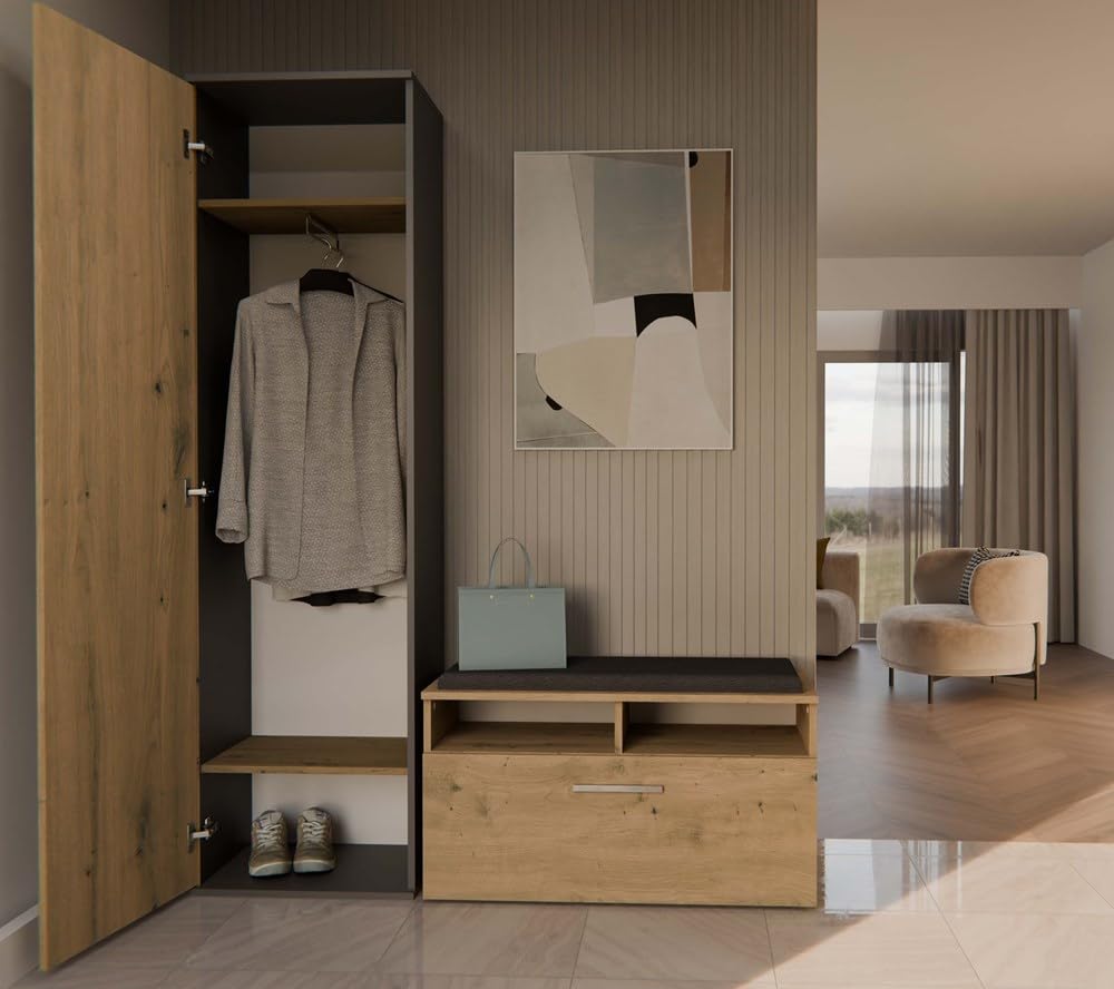 CDF ATARA - Placard de hall avec grand miroir - 180x50x35 cm - 2 étagères + espace de suspension - Meuble de hall