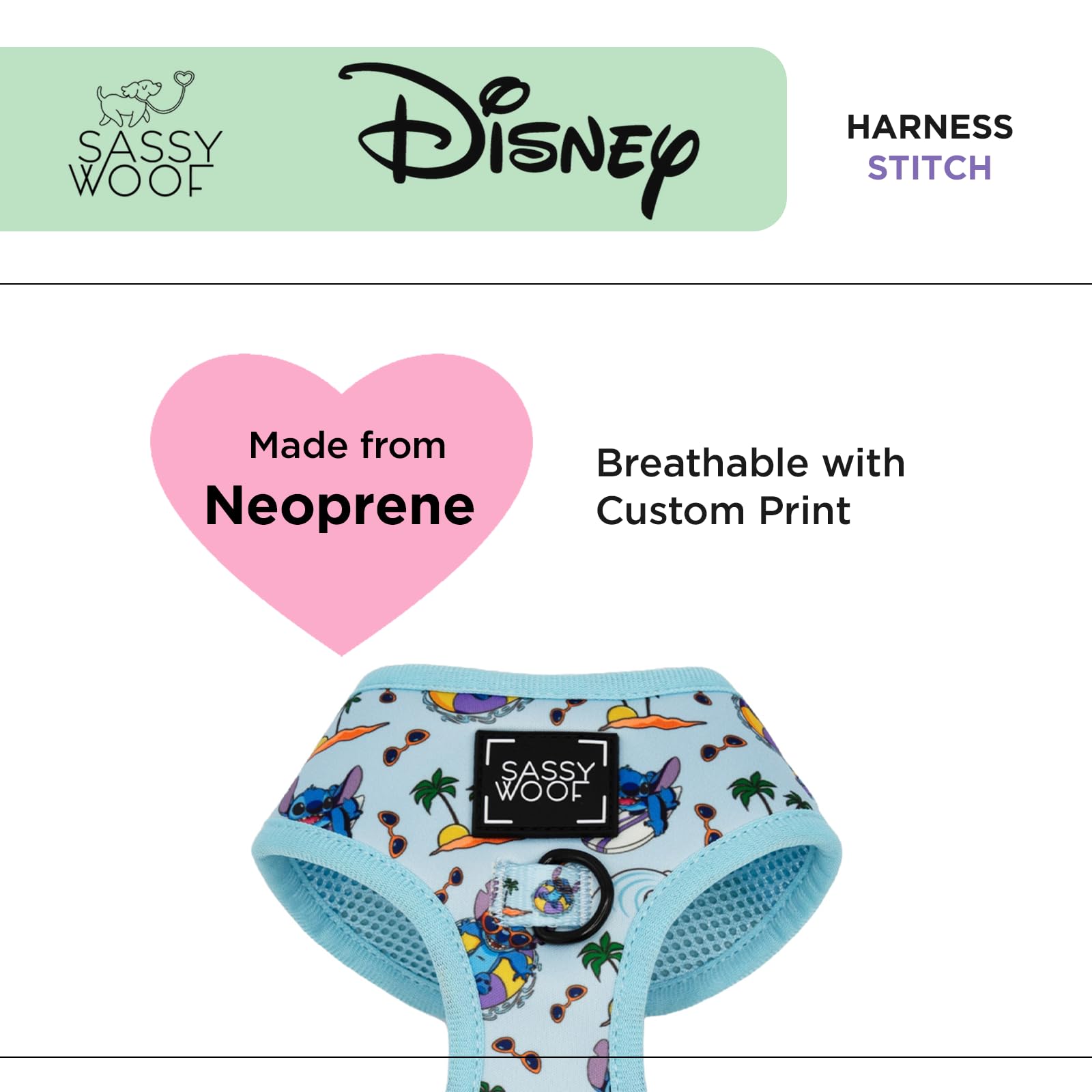 Sassy Woof Arnés ajustable para perro, Disney's Stitch, XL, malla transpirable, diseño sin tirones con dos anillos en D, perfecto para perros extragrandes