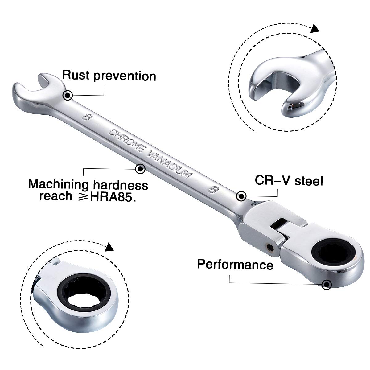 KATUR Chiave combinata a cricchetto 8 mm, chiave a cricchetto con testa flessibile, design industriale a doppio uso, utensile metrico professionale in acciaio al cromo vanadio