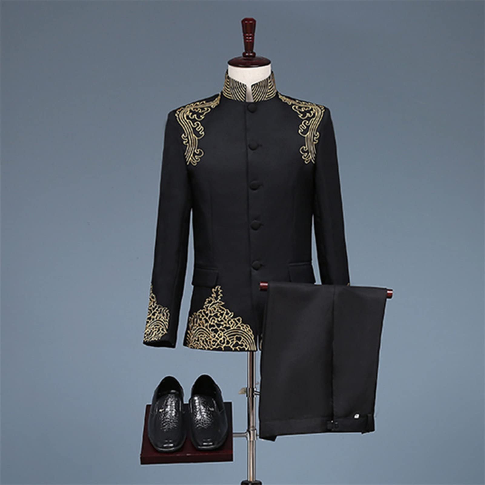 Men's Chinese Tunic Suit 2 Piece Vintage Mandarin Collar Blazer Pant Set Traditional Luxury Formal Suit Sets (Black,Small)