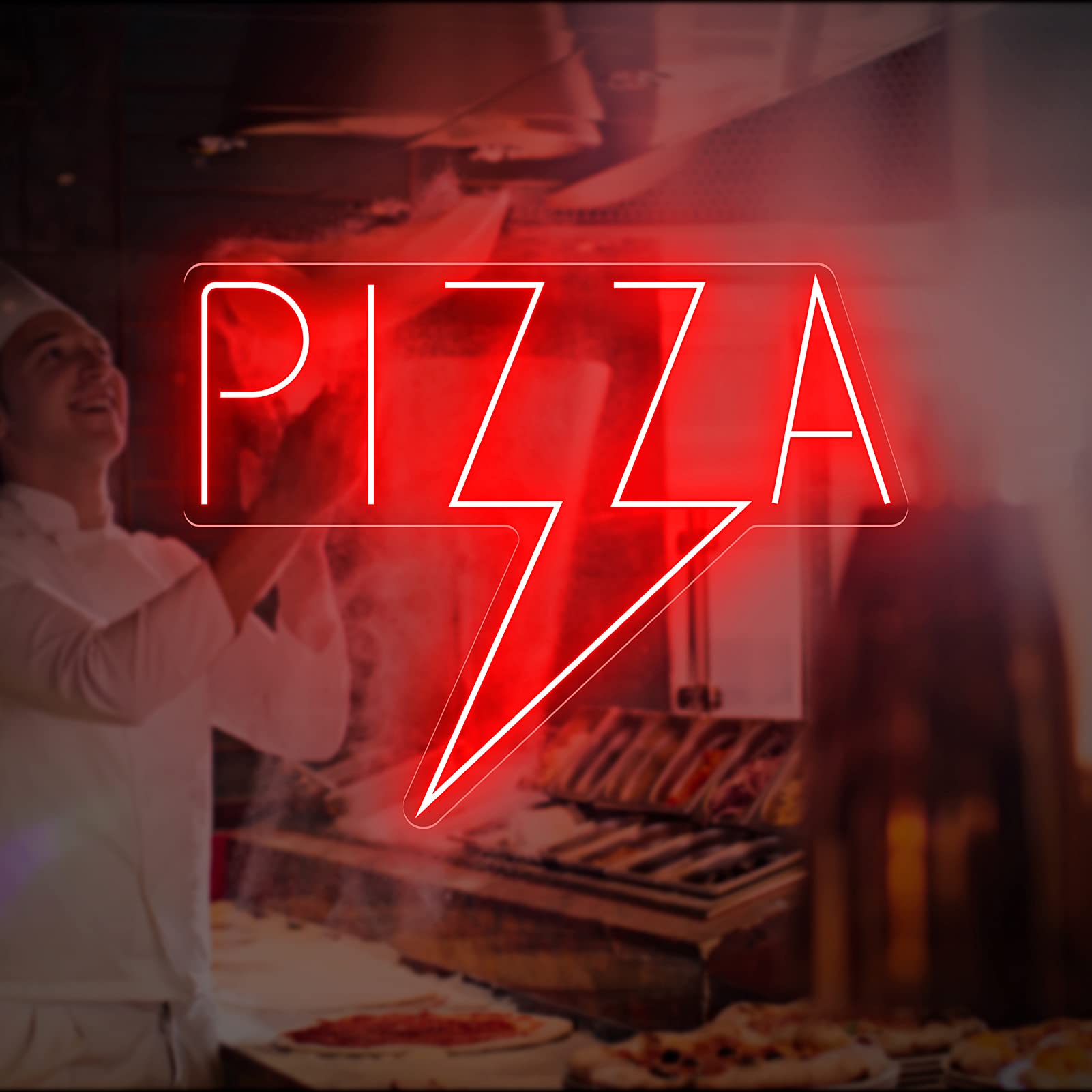 Neon Luces Pared Carteles Letrero Comida Restaurante Feliz -55cm - Personalizable - Multi modelos para elegir - Con Mando a la Distancia- Interior (Neón "Pizza Rayo")