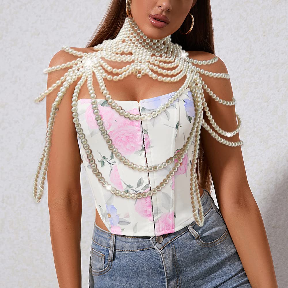 Katutude Körper Schulterkette Kabelbaum Perle Perlen Layered Schmuck Quaste Halskette Kragen Schulterkette Schal, Damen Perlen Kette BH Bikini Kette-Schulter Halskette