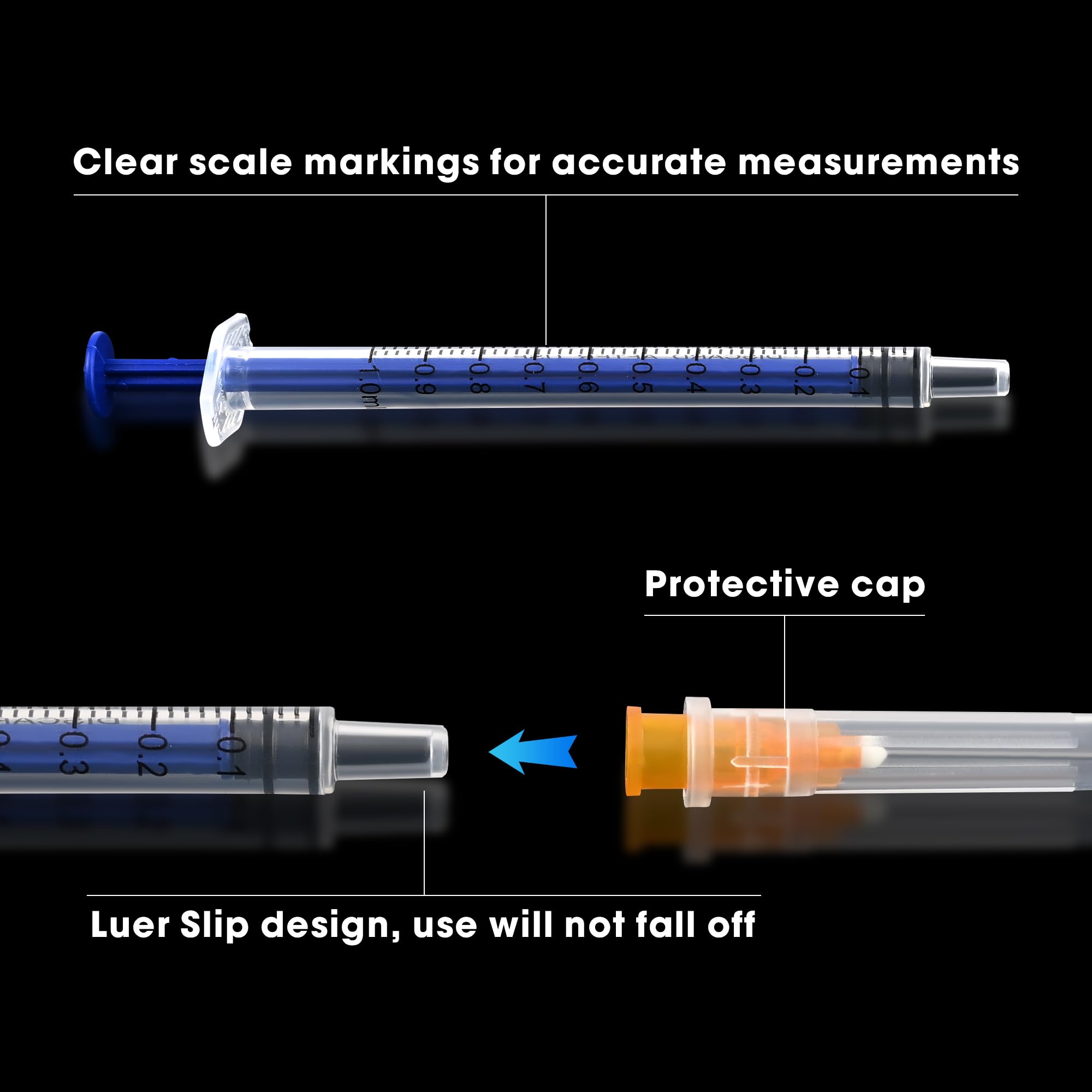 Jeringa de laboratorio Luer Lock de 1 ml con calibre 25 de 1 pulgada (25 mm) para dispensación líquida, industrial, medición desechable sellada individualmente