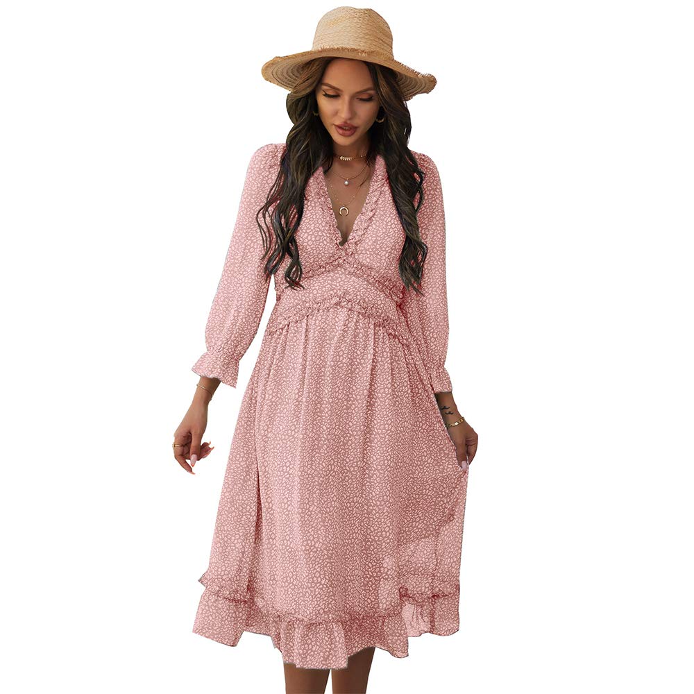 Women V-Neck Chiffon Dress Floral Printed Long Sleeve Square Collar Bohemian Summer Beach Ruffle Hem Sundress