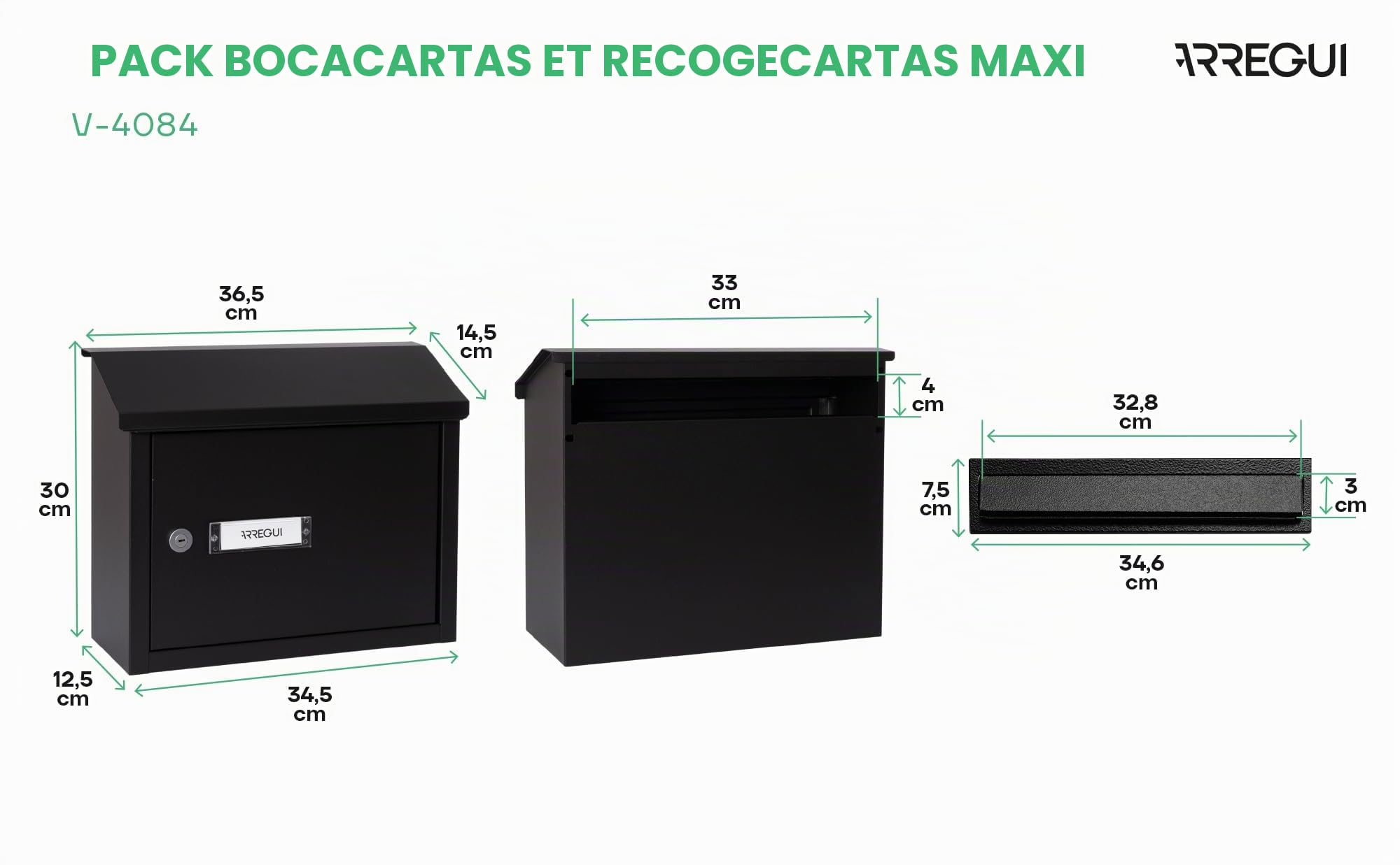 ARREGUI V4084 Pack Bouche d'entrée + Boîte aux lettre en acier pour porte, mur et portail, Fente de 32,5 x 3 cm, Taille M (Courrier A4) Résistant aux intempéries, Installation facile, Noir
