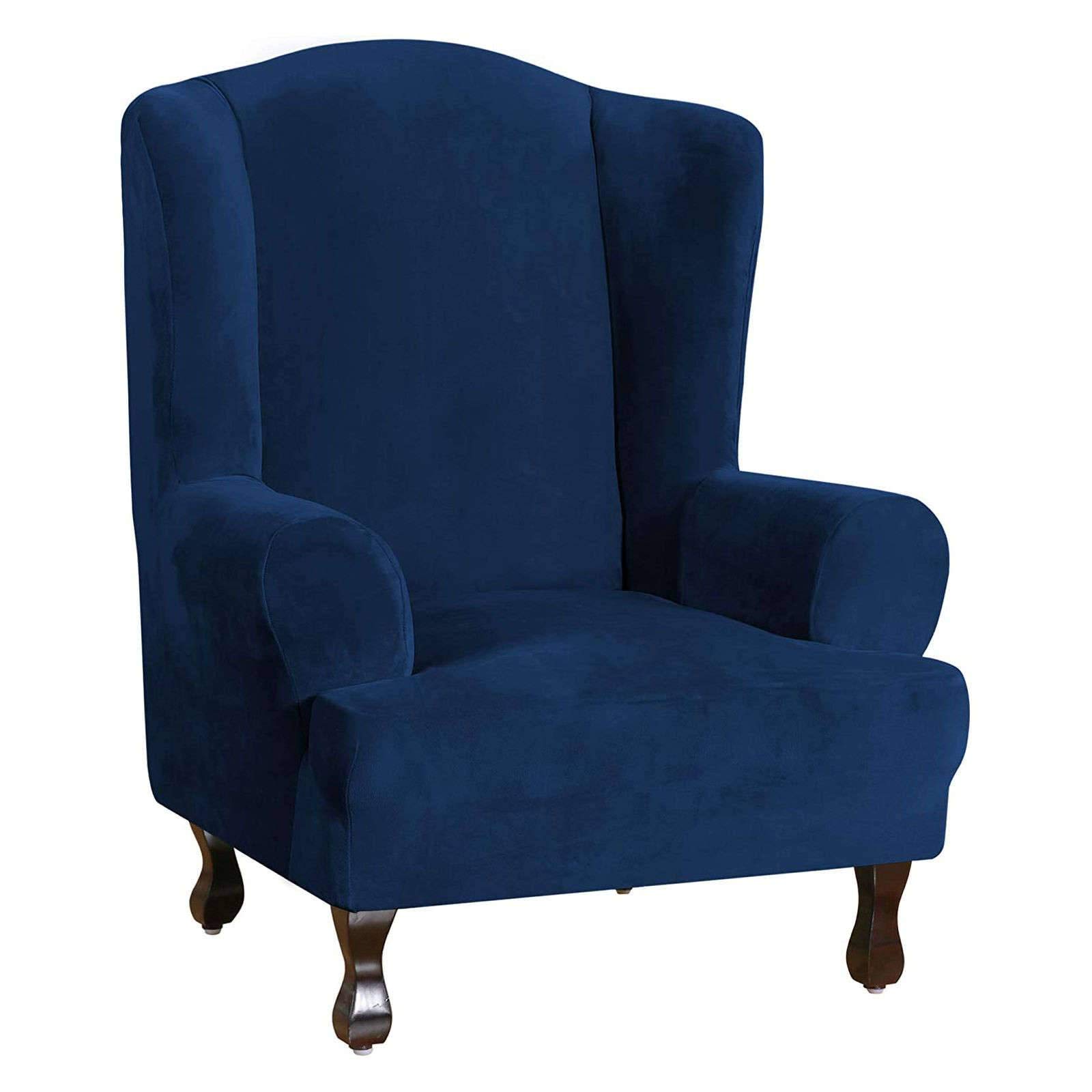 Jhld Navy Stretch Wing Chair Slipcover, Luxury Soft Velvet Wingback Chair Slipcover Washable Quick Set Wingback Chair Cover For Wing Chair-Wing Chair
