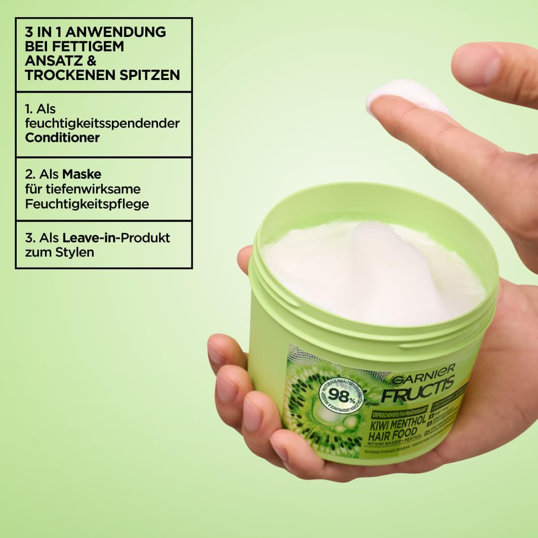 Garnier Fructis odświeżająca maska do włosów kiwi mentolowa do włosów, multi-zastosowanie z wodą kiwi i mentolem, dla nawilżenia i świeżości, 400 ml