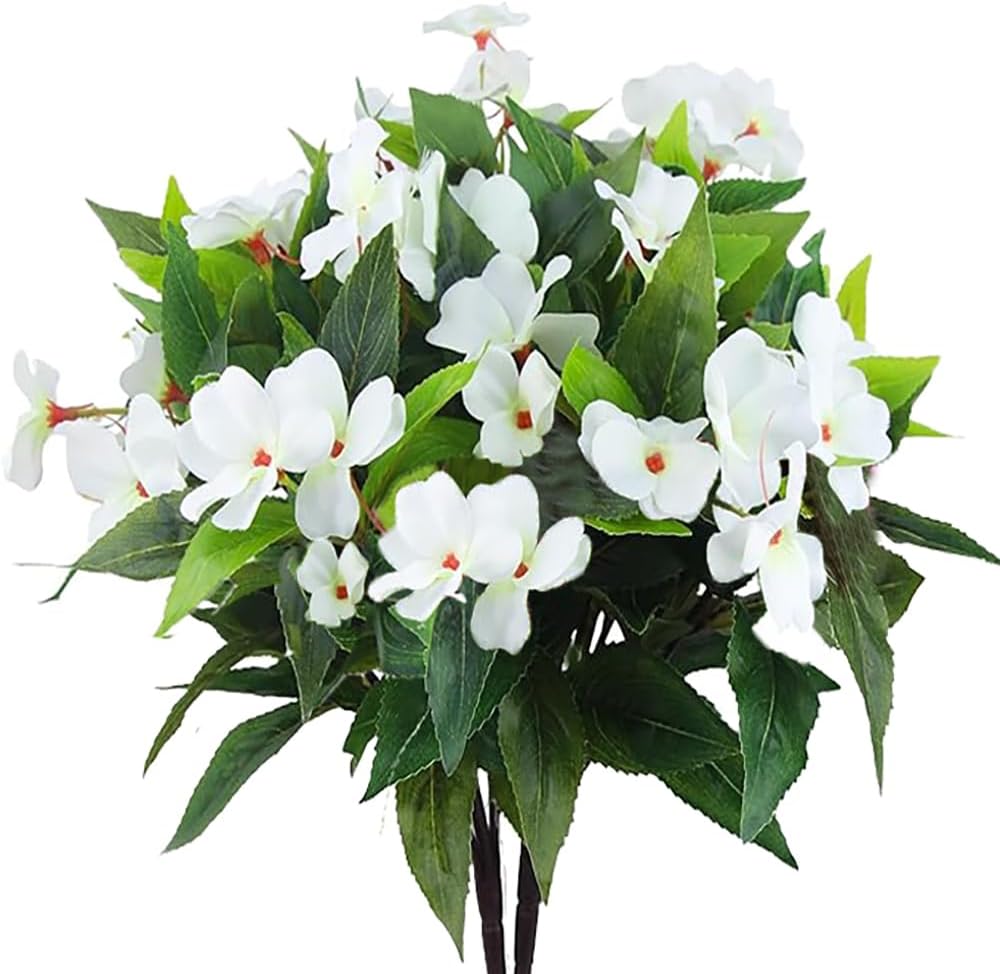 FERIAL 2PCS Artificial Impatiens Bouquet White Faux