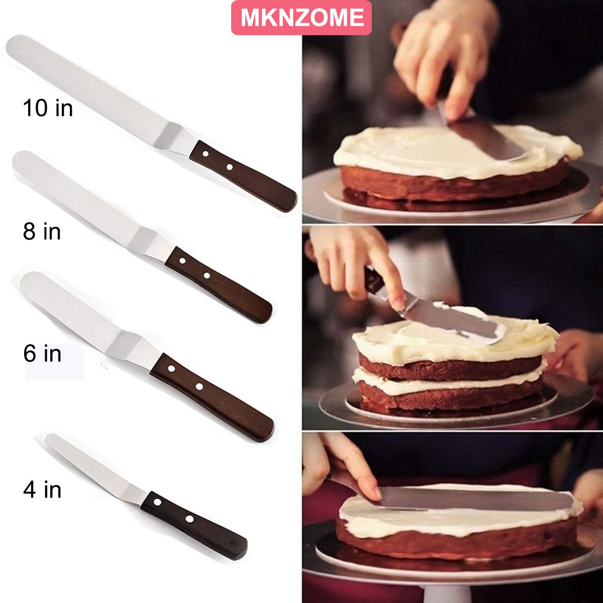 Set di 4 spatole professionali per glassa, in acciaio inox, con manico in legno, per decorare torte, glassare dolci e cupcake
