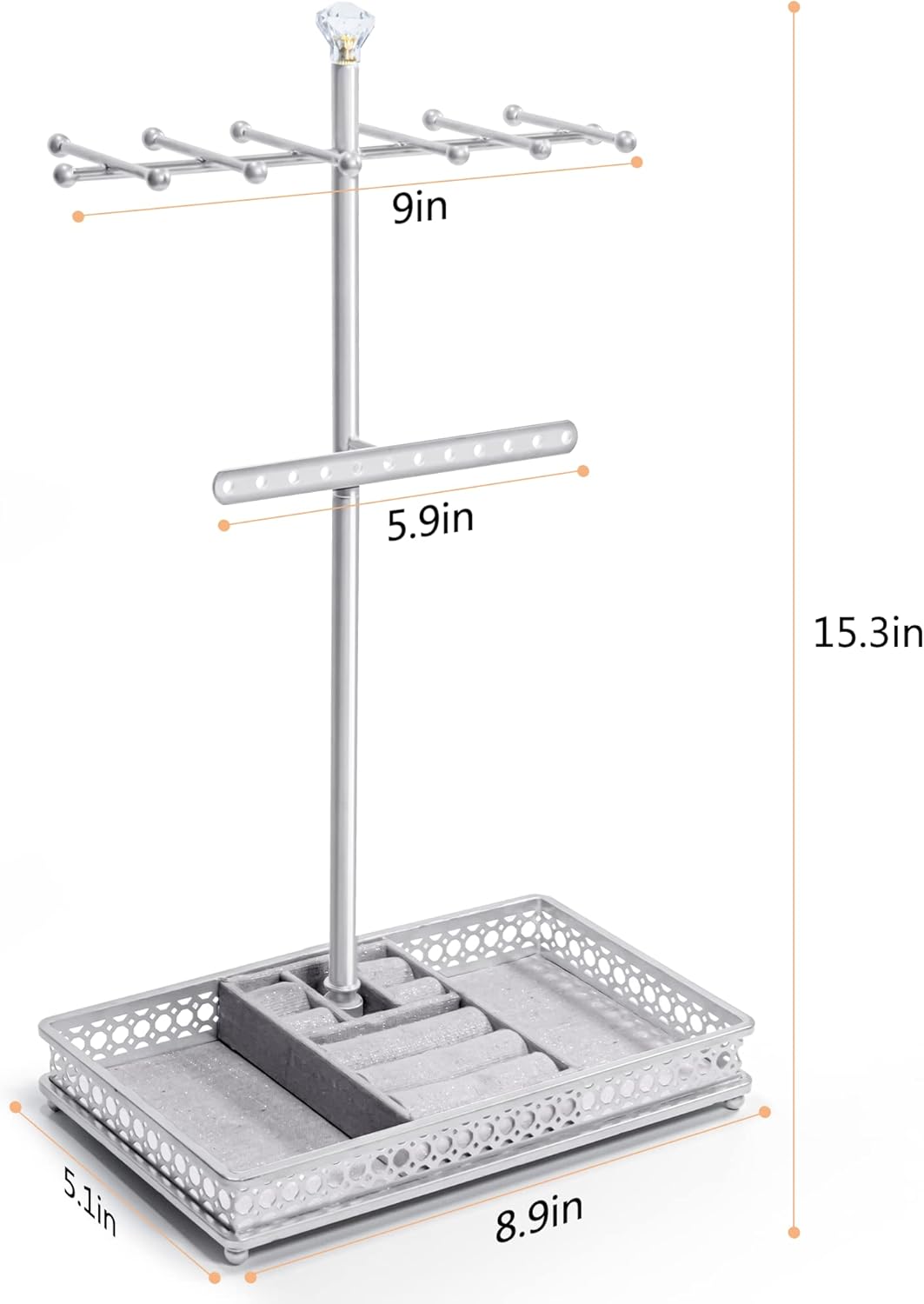 Meangood Jewelry Tree Stand Organizer 3in1 Necklace Organizer Display Bracelet Earrings and Ring Tray Jewelry Holder Hanger Meta, Silver - Image 7