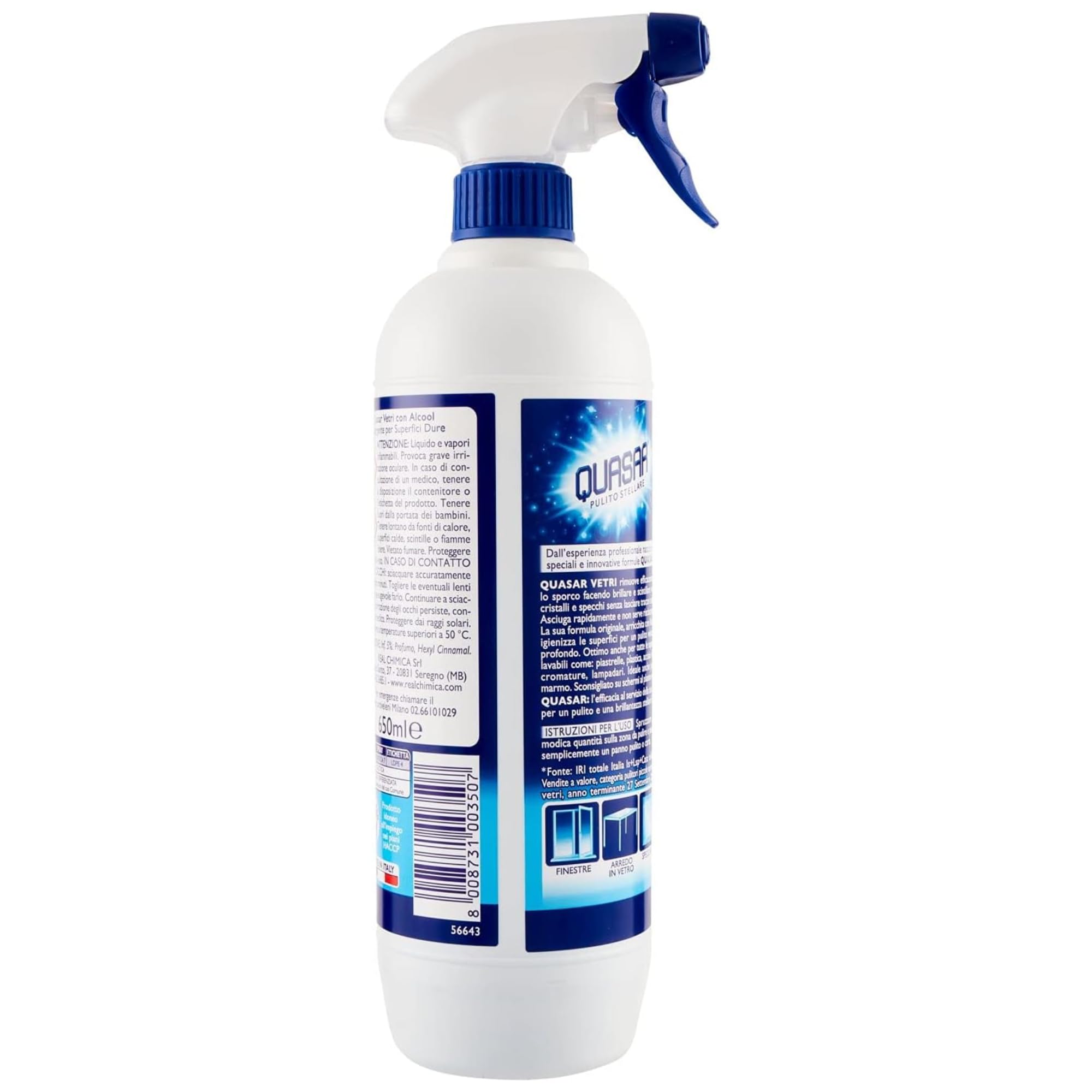 Quasar Pulito Stellare Detergente Per Vetri 3 Pezzi X 650 Ml + Gamex Panno In Microfibra