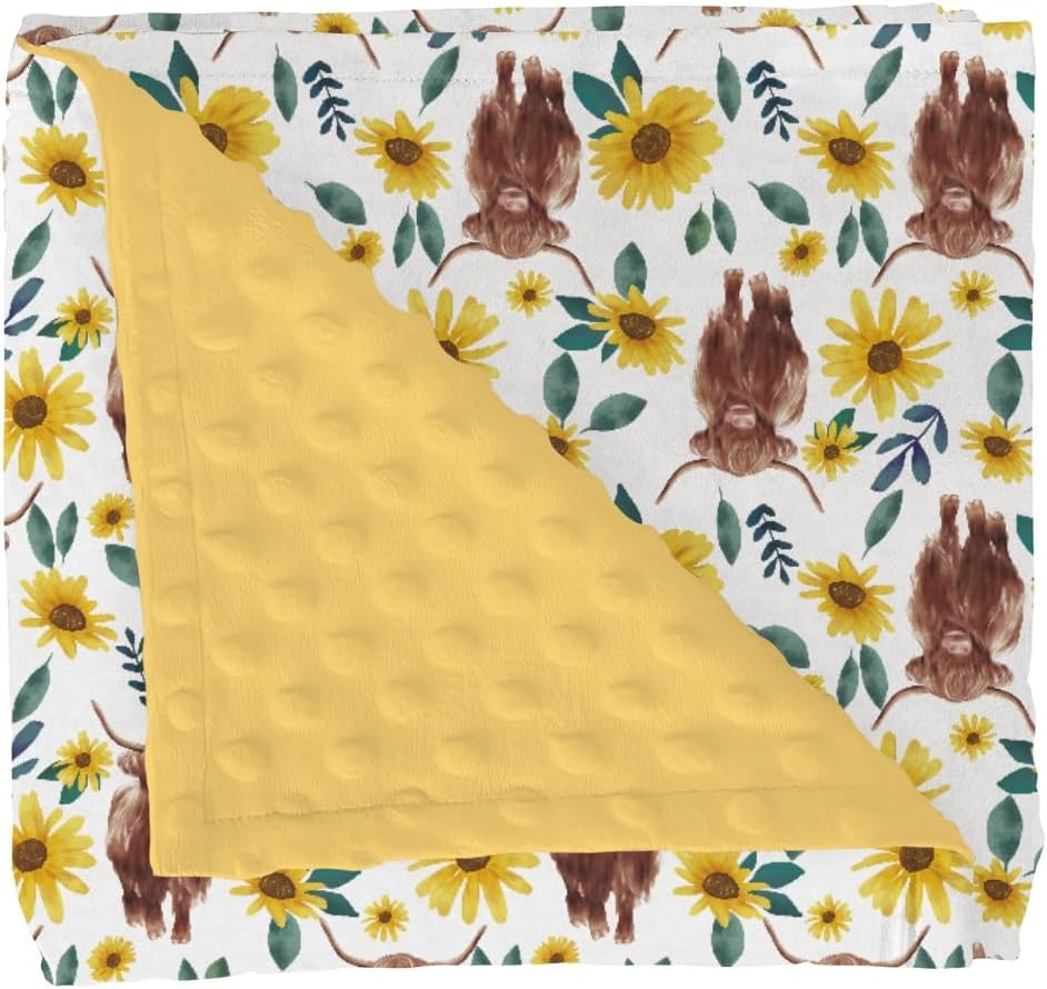 Highland Cow Yellow Sunflowers Baby Blankets for Girl Boy Highland Yak Boho Floral Soft Mink Dotted Backing Double Layer Swaddle Blanket Vintage Farm Animal Bed Throws for Newborn Toddler Crib 30x40