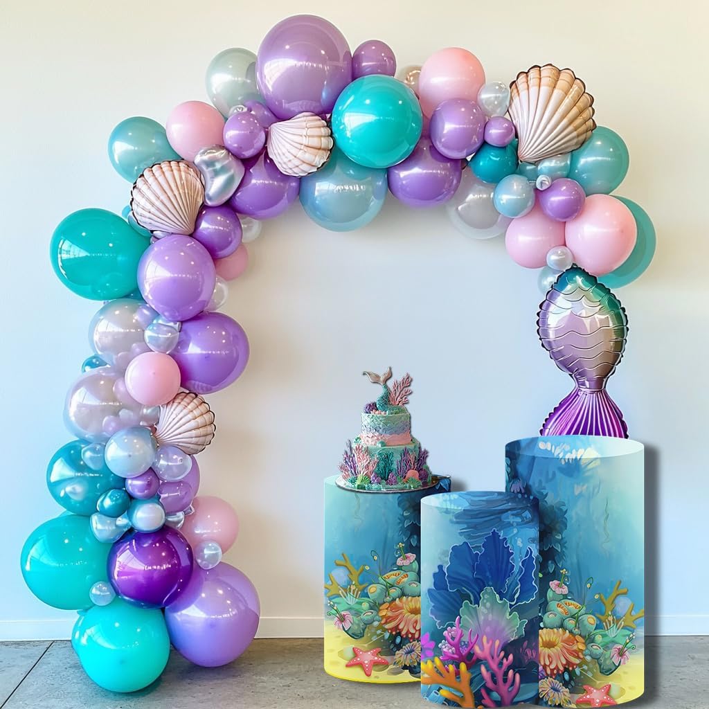 Set of 3 Cylinder Pedestal Covers for Under The Sea Birthday Party Plinth Stand Spandex Tablecloth Covers Girls Baby Shower Mermaid Parties Decorations Supplies