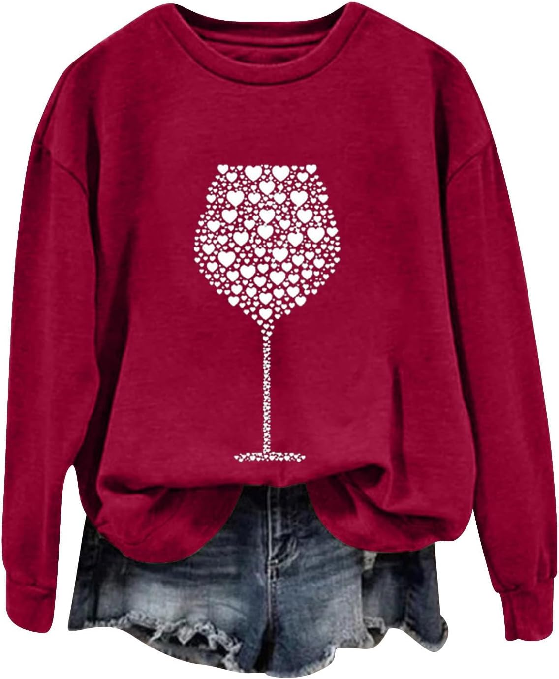 Women's Novelty Red Wine Graphic Sweatshirts O Neck Long Sleeve Casual Daily Pullover Tops Valentines Day Blouse Gift