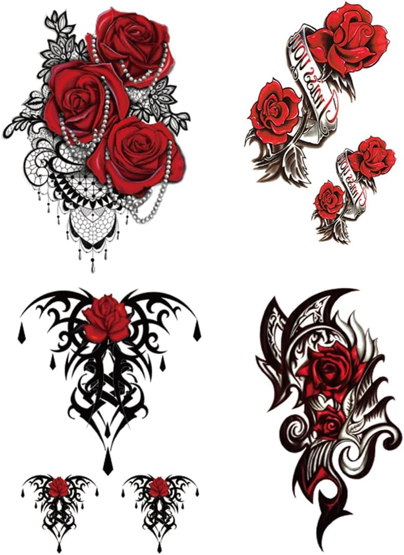 4 Sheets Large Temporary Tattoo Sticker Fake Tattoos for Women Girls Models,Waterproof Long Lasting Body Art Makeup Sexy Realistic Arm Tattoos -Rose, Flowers，Jewelry 5.9x8.26inche (A)