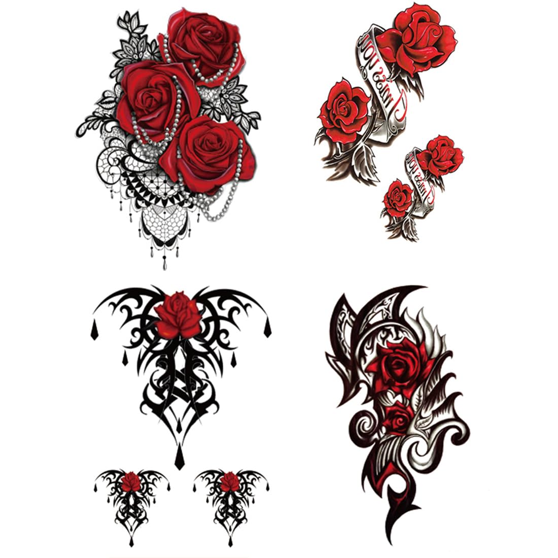 Yesallwas 4 Sheets Large Temporary Tattoo Sticker Fake Tattoos for Women Girls Models,Waterproof Long Lasting Body Art Makeup Sexy Realistic Arm Tattoos -Rose, Flowers,Jewelry 5.9x8.26inche (A)