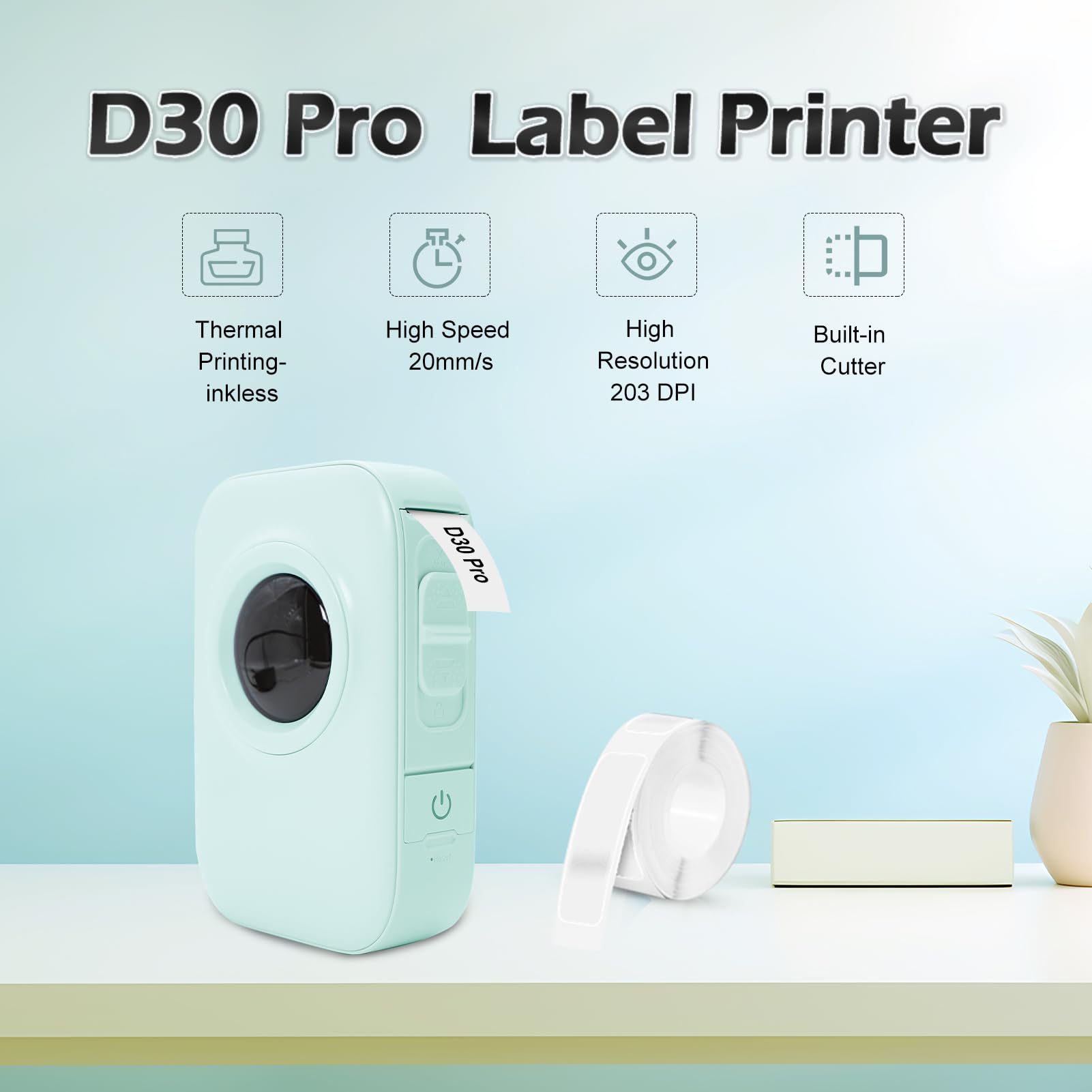 D30 Pro Przenośna termiczna drukarka etykiet Bluetooth Drukowanie bez atramentu 203 DPI dla Androida, idealne dla studentów, profesjonalistów, organizowania, etykiet DIY (Bianco)