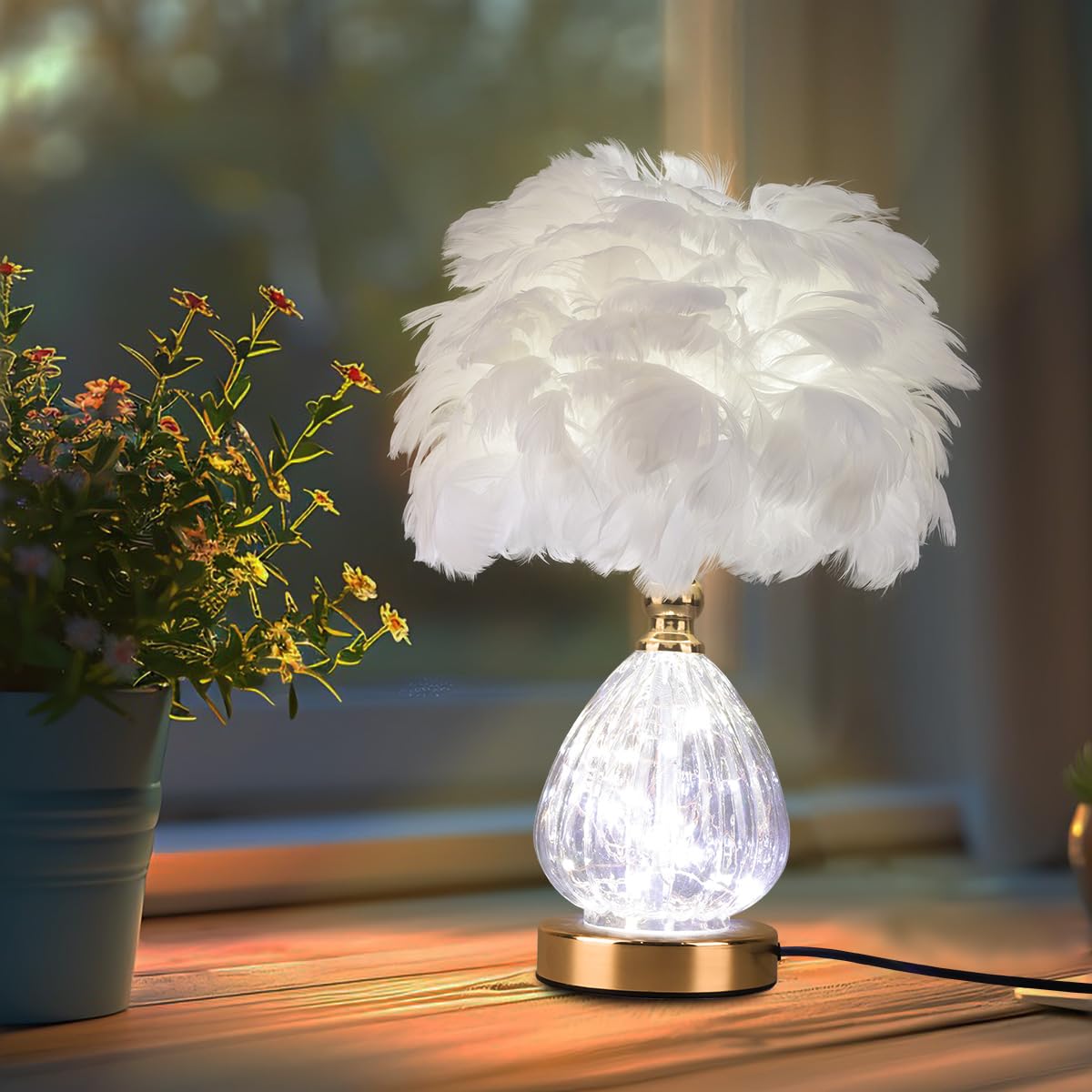 White Lamp for Living Room,Feather Table Lamp w Colour Dimmable  Light,Lovely Desk Lamp Among Home Decor for Chics,Weding Lamp Decor