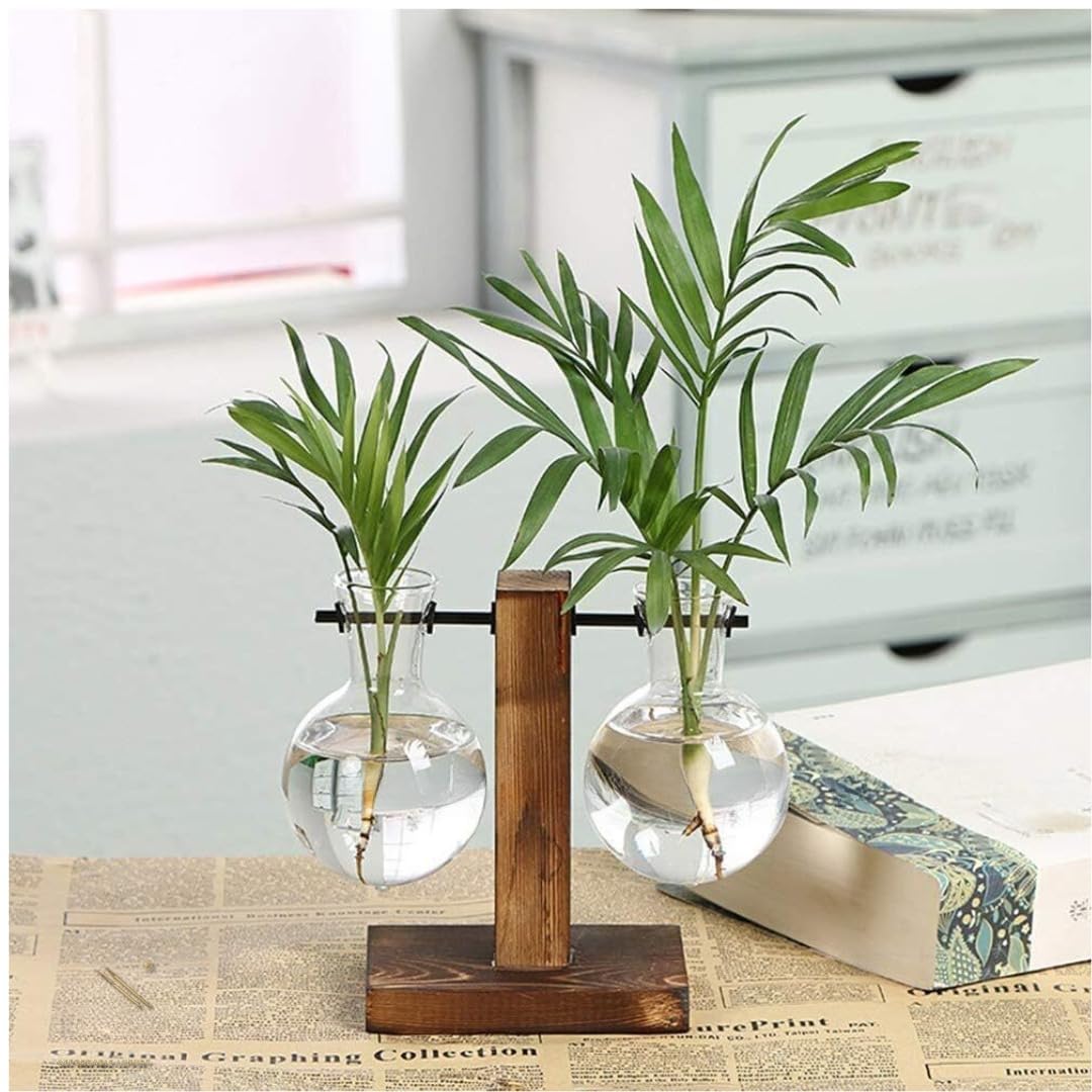 Hilton Indoor Propagation Station Wooden Stand with 2 Bulb-Shaped Glass Vases Test Tube Planters (Style 2)-image-7