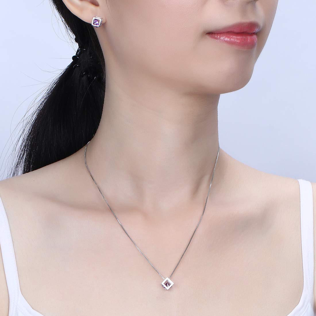 Aurora Tears 925 Sterling Silber Birthstone Halsketten Ohrstecker Schmuck Sets Geschenke Quadrat Birthstone Anhänger für Frauen und Mädchen