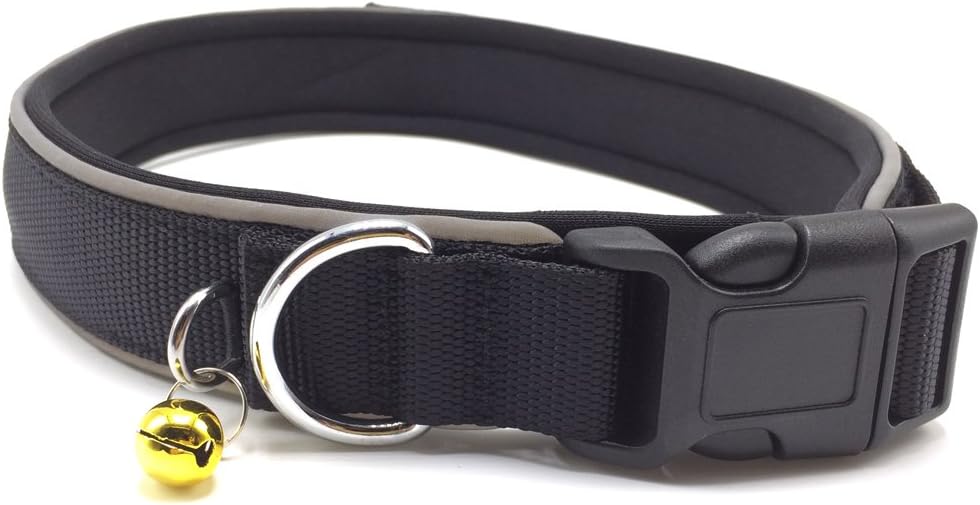 Niubow Reflective Neoprene Padded Nylon Dog Collar with Bell, Adjustable, Easy & Quick-Release Buckle (Large, Black)