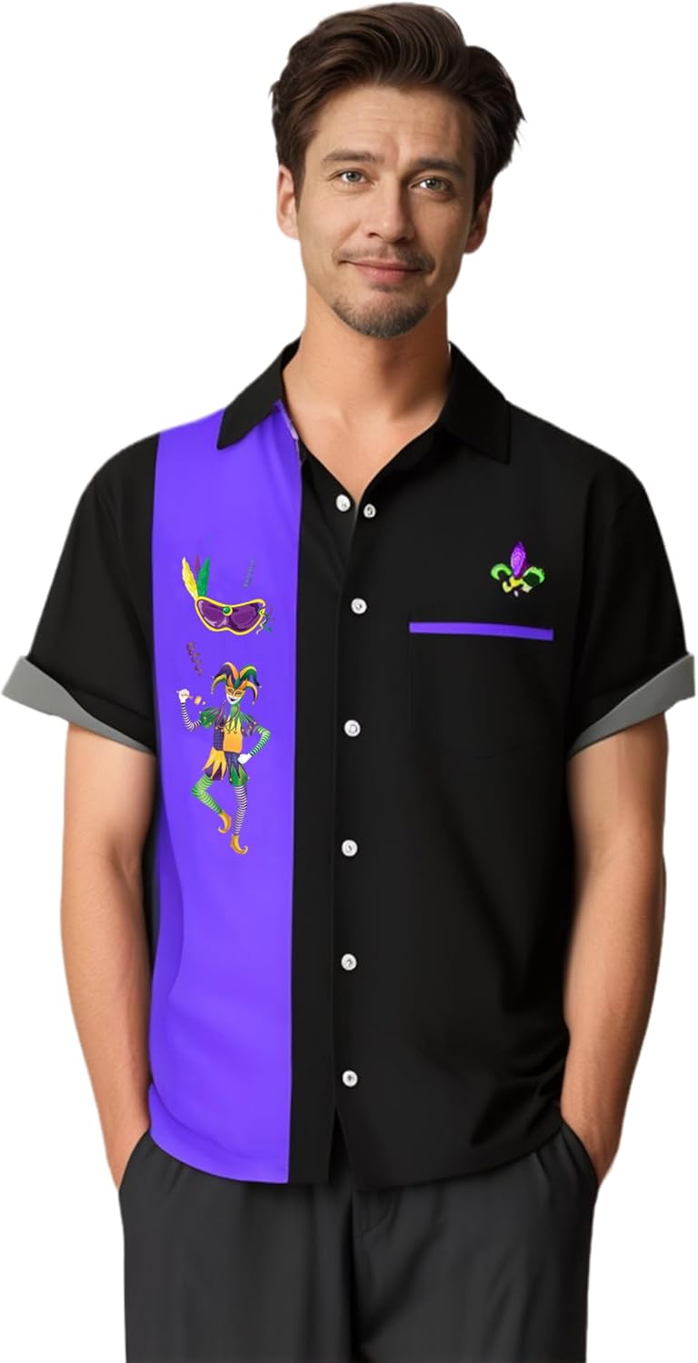 Mens Mardi Gras Shirt Print Short Sleeve Hawaiian Bowling Casual Button Down Beach Shirts - Image 2