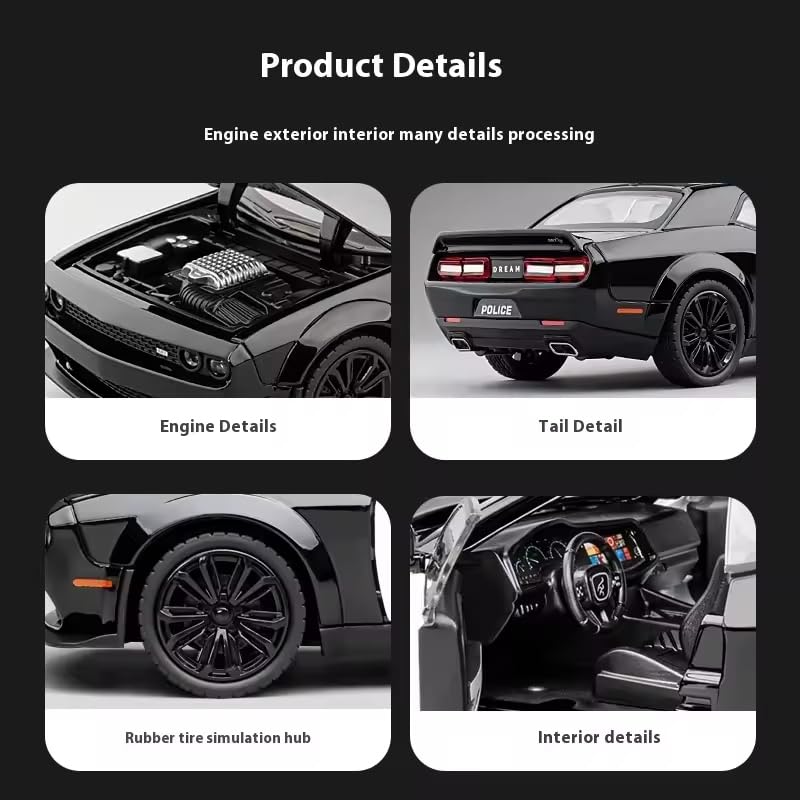 Image of Alokik Enterprise Dodge Challenger SRT Hellcat American Police Version Alloy 1:24 Scale Model Die-cast Car Scale Model Pull-Back Toy car with Light & Sound Best Gifts Toys Kids【Black】