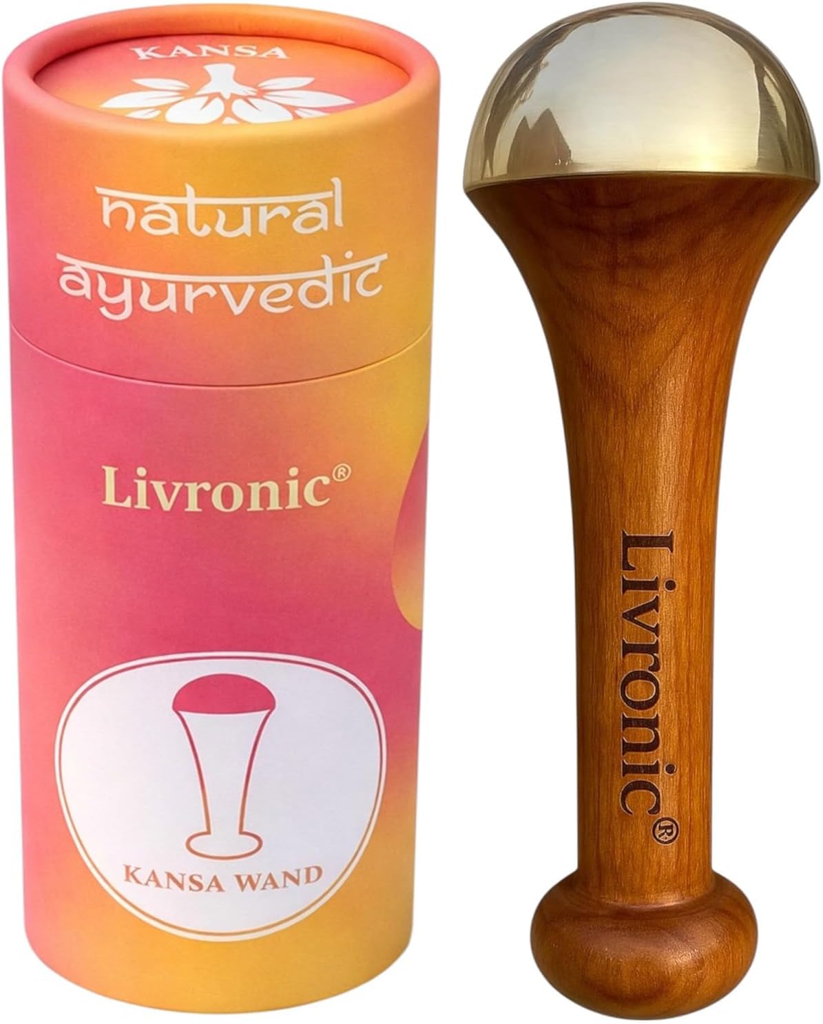 Livronic Kansa Wand for Face,Body & Foot Massager with Teak Wooden Handle Small Bronze Capped Small Kansa Wand for Deep Relaxation 4.5 Cm Natural Brown