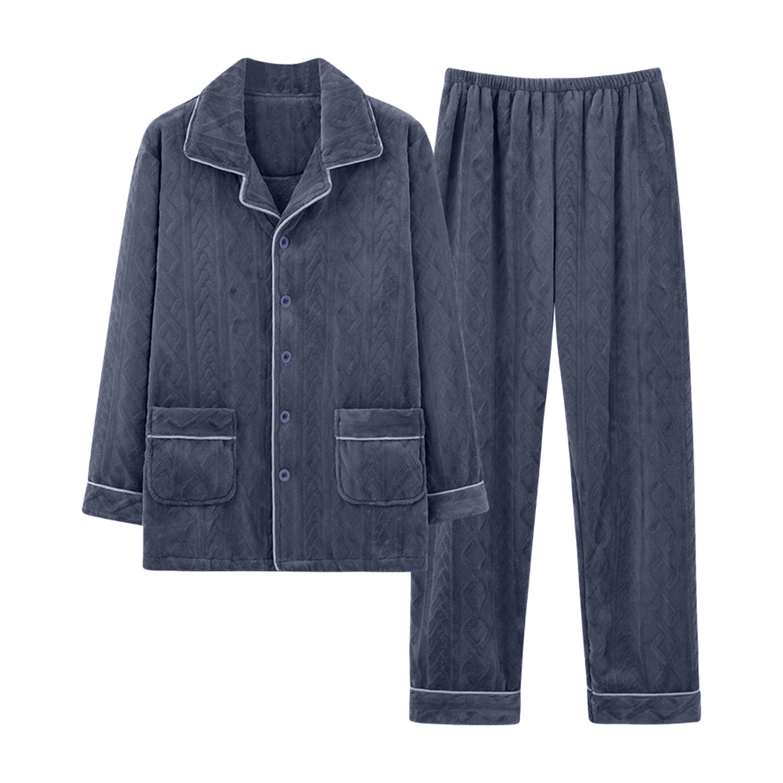 Pijama para hombre de invierno, cálido, de manga larga, con solapa, topes, botones, pantalones de dormir de dos piezas, franela de lino grueso, con botones, cuello de camisa, bolsillos, traje de casa