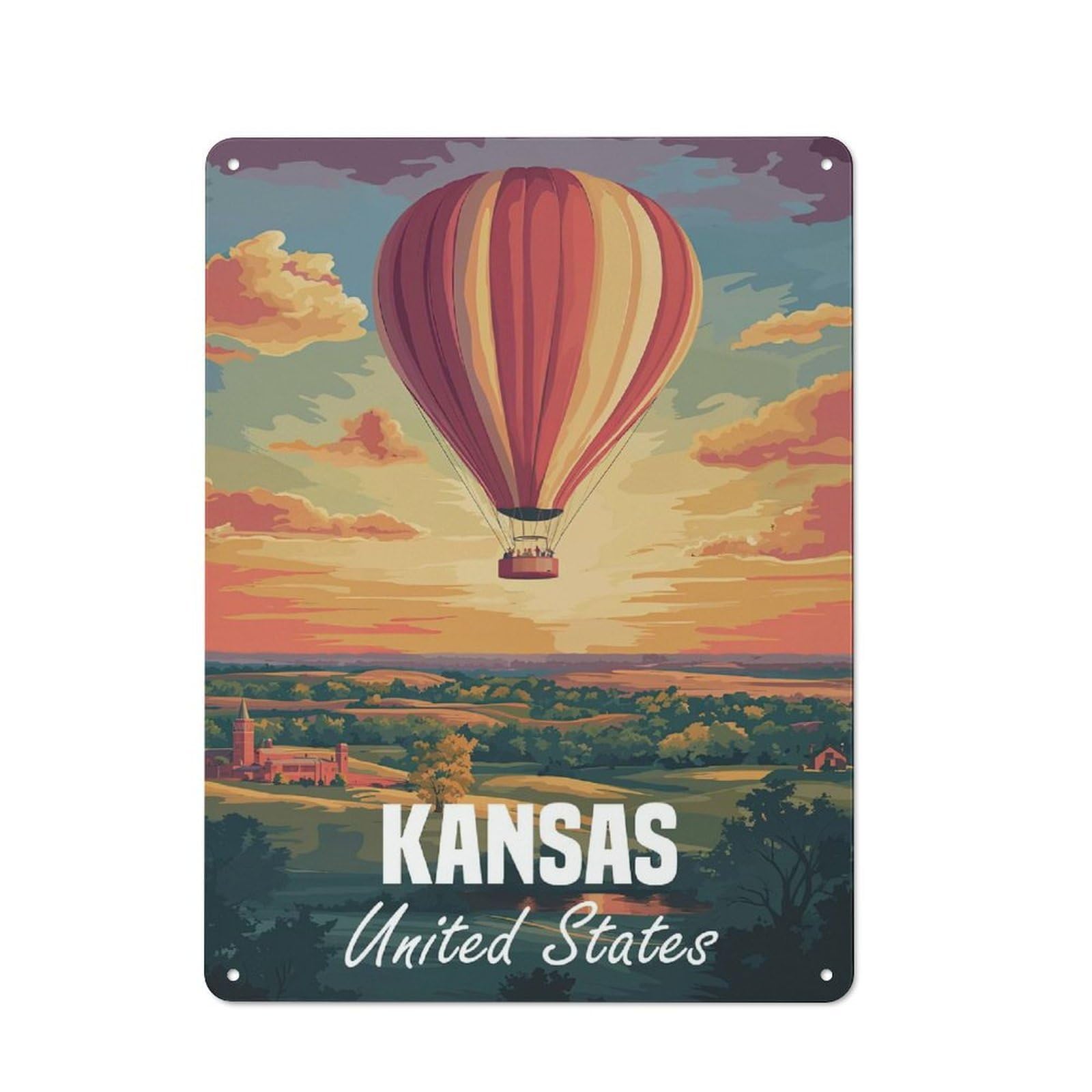 Junmoney Kansas Hot Air Balloon Sunset Vintage Metal Sign With Design 40X30cm, Vintage Bar Wall Plaque For Cafe, Pub, Workshop Or Home Bar