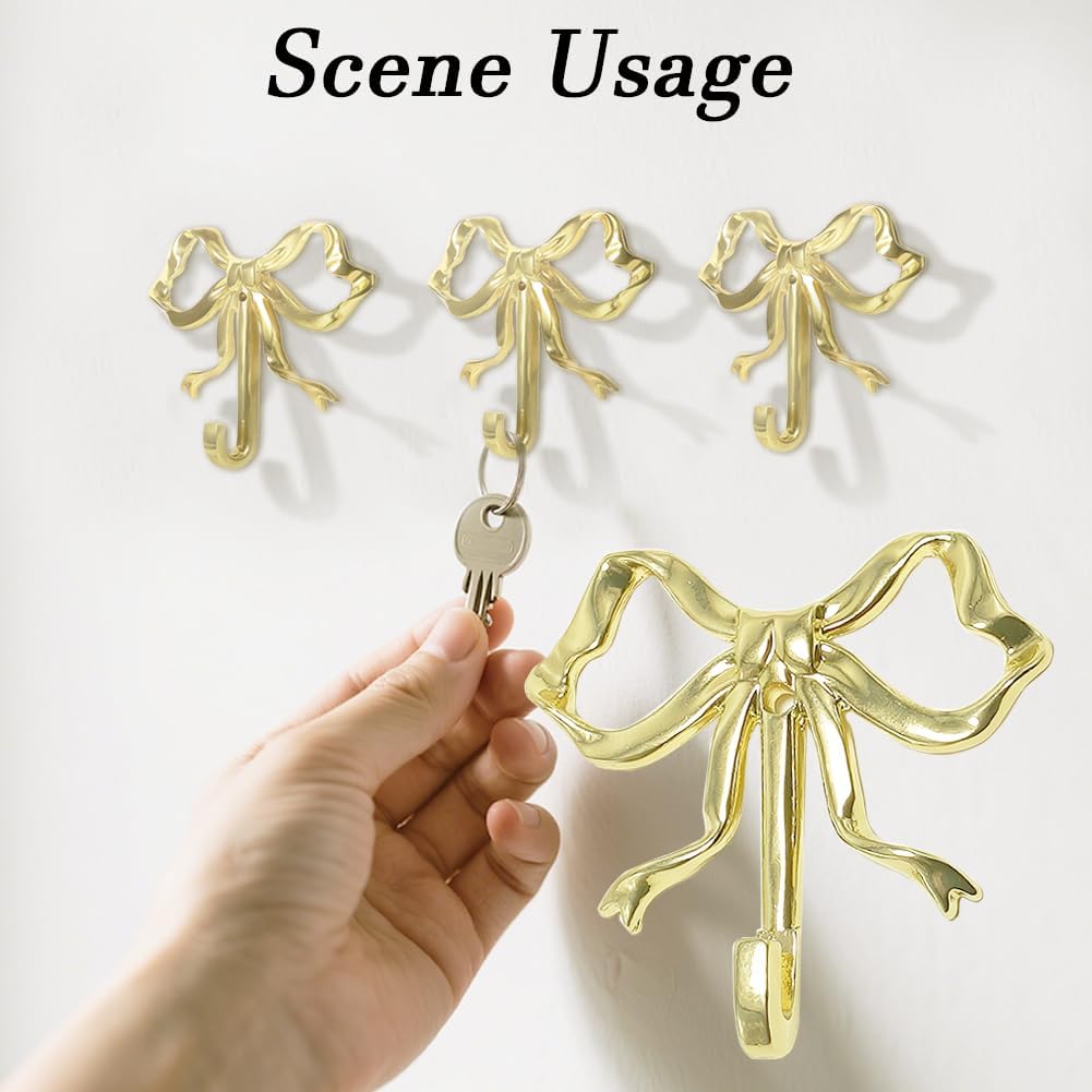 5Pcs Bow Wall Hooks - MfhdgXAvs Gold Decorative Coat/Towel Hooks for Bathroom, Bowknot Hangers with Screws, Alloy Cute Shower Curtain & Robe Hook, Heavy Duty Home Decor (Gold)