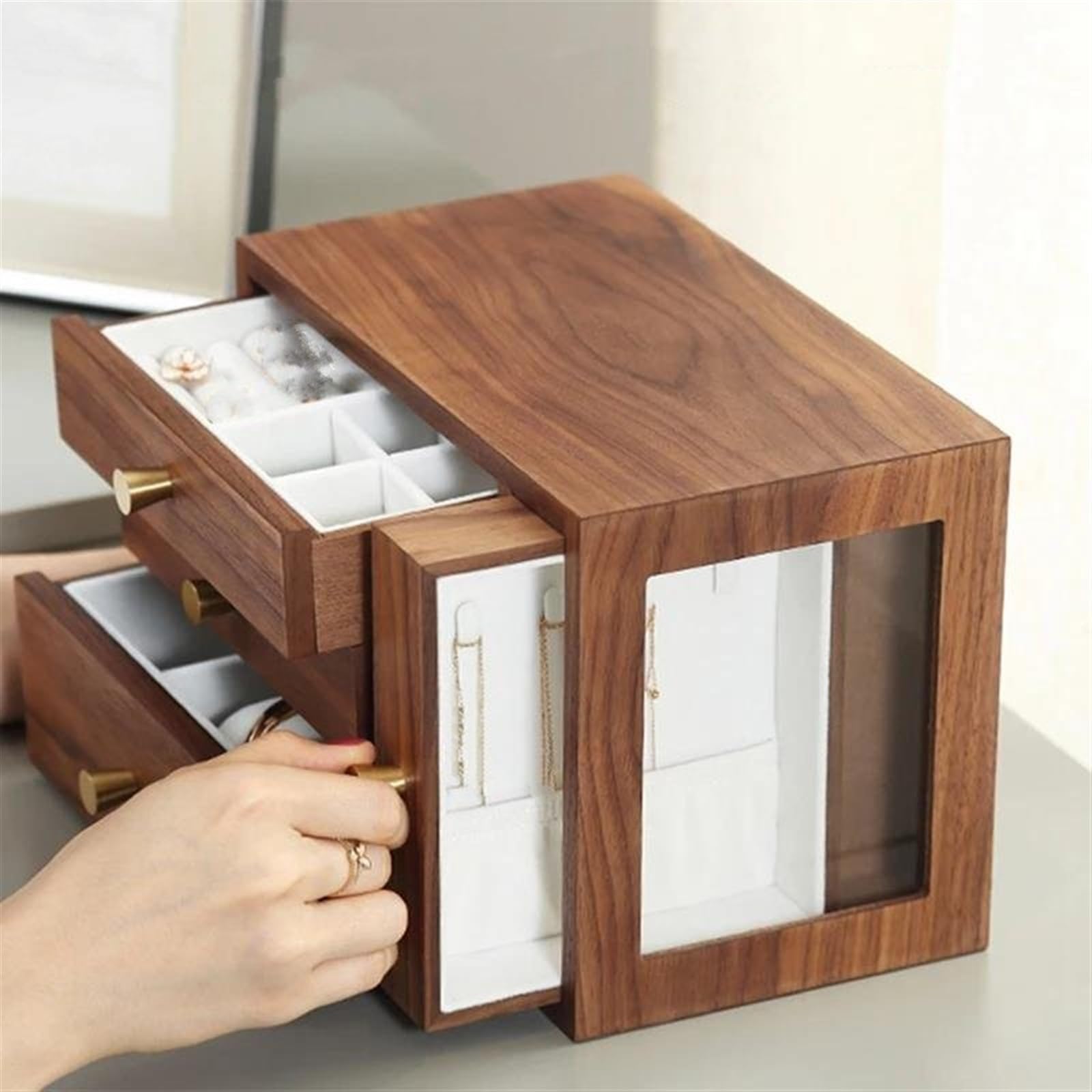 Joyero Viaje Caja Joyería Madera Maciza Nogal Negro Con Espejo Almacenamiento Hecha Mano Grabado Joyeros