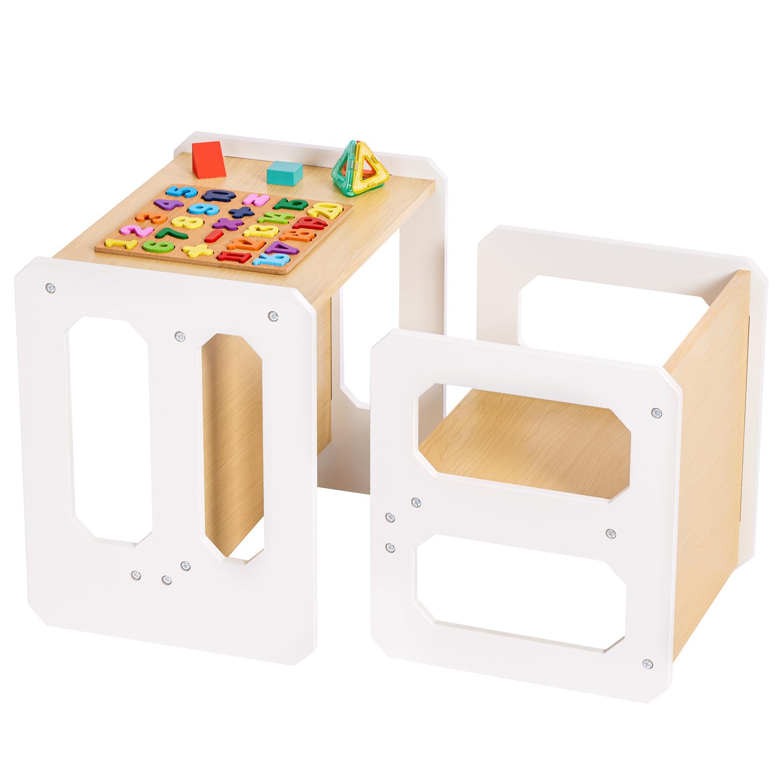 Yorbay Tisch und Stuhl Set für Kinder Kinderschreibtisch mit 1 Hockern, Kindersitzgruppe 3 in 1-Wendehocker & zum Kinderarbeitsplatz umwandelbarer Kinderbank, Kindermöbel(Natur, M)