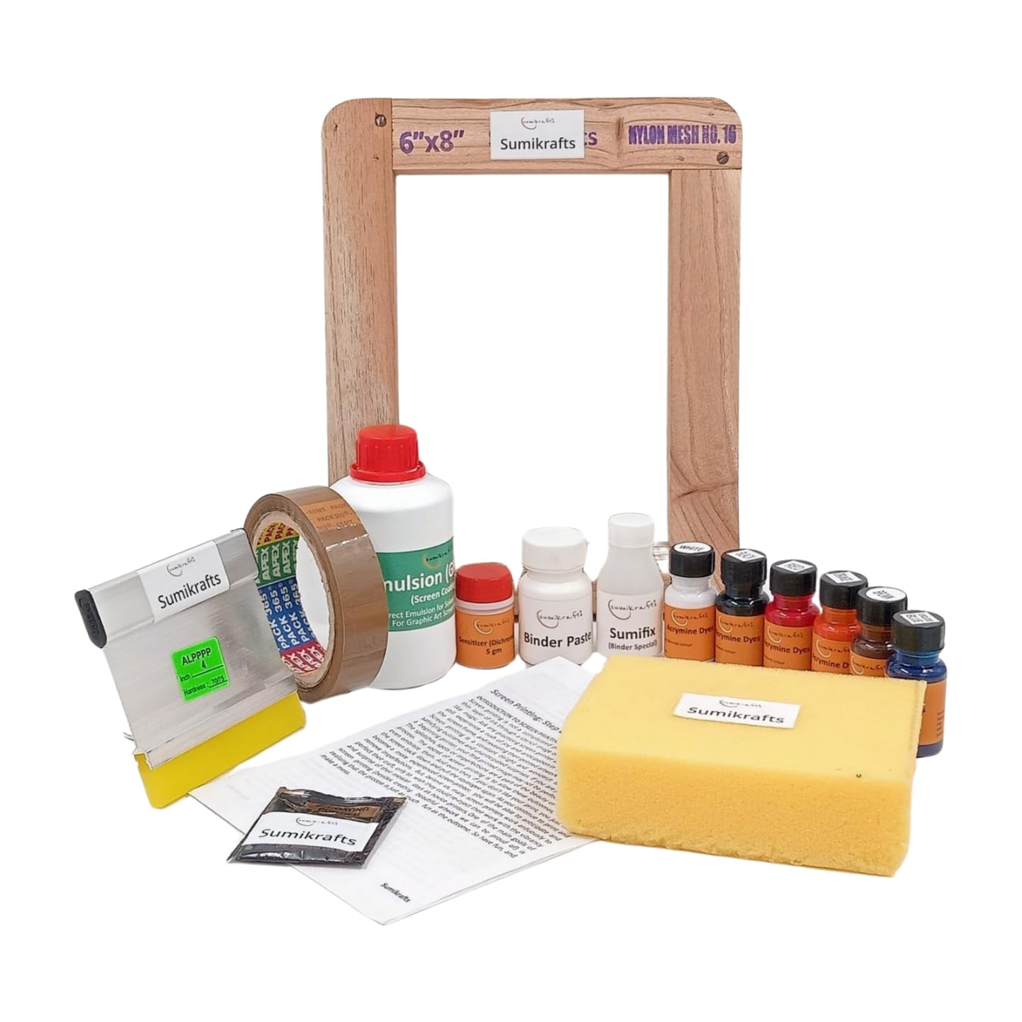 sumikrafts Screen Printing kit for Beginners: 6 Assorted Pigment Dyes+ Screen Printing Wooden Frame Small 6"x8" pre Stretched mesh no 16 (Option 6)-image-34