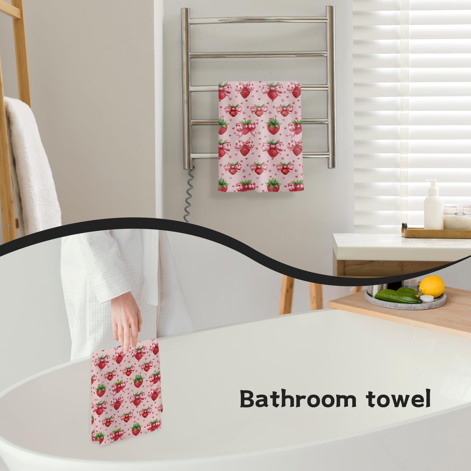 Cute Coquette Strawberry Kitchen Towels, Girly Preppy Pink Strawberry Hand Towels for Bathroom Kitchen Decor, Summer Fruit Aesthetic Dish Tea Towels, 16x24 Inch - Image 5