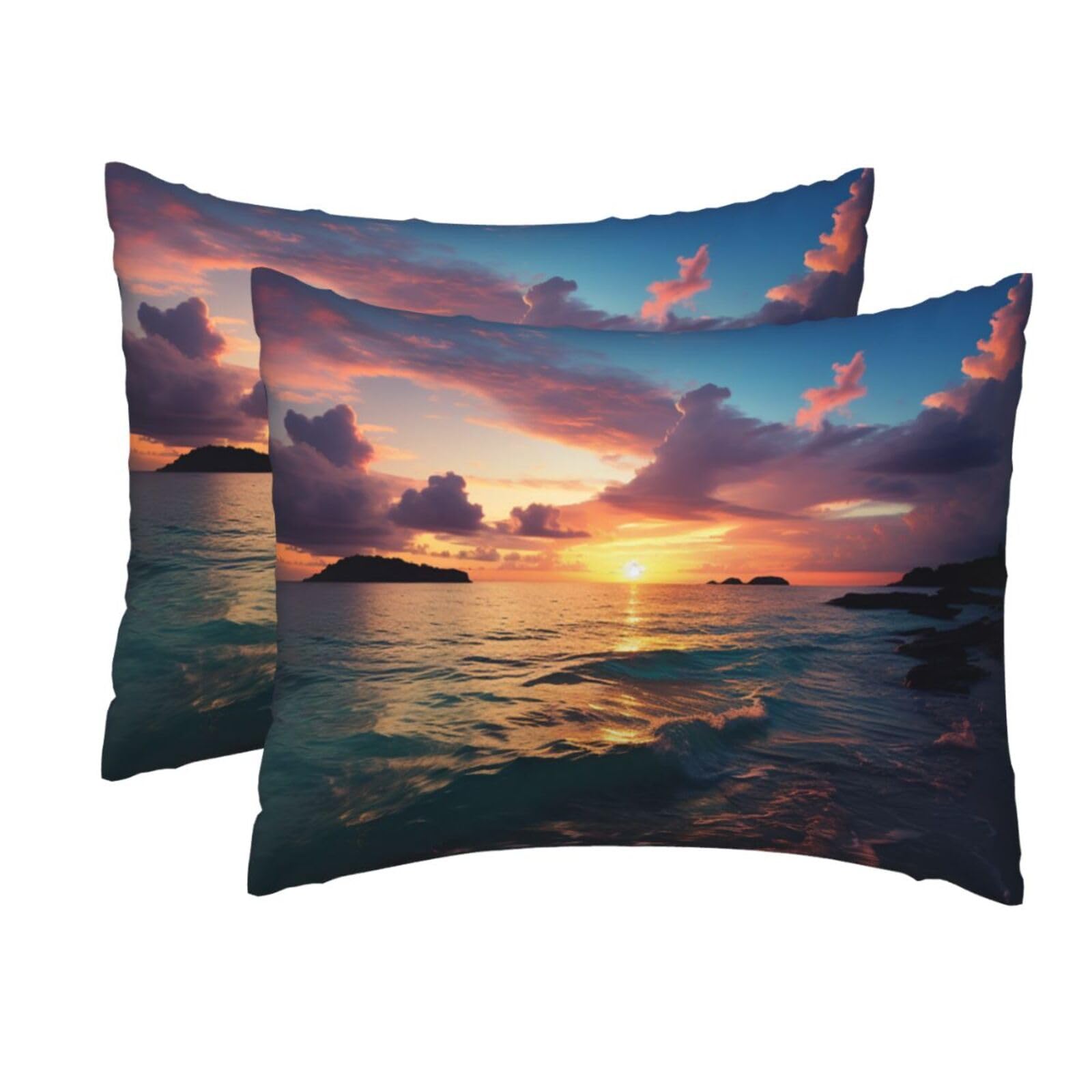 2 Pack Standard Pillow Cases with Hidden Zipper, Soft Breathable Pillow Covers for Hair and Skin, Ocean and Sunset Pillowcases 20"x26" Bed Pillow Protectors Cover for Sleeping Gifts